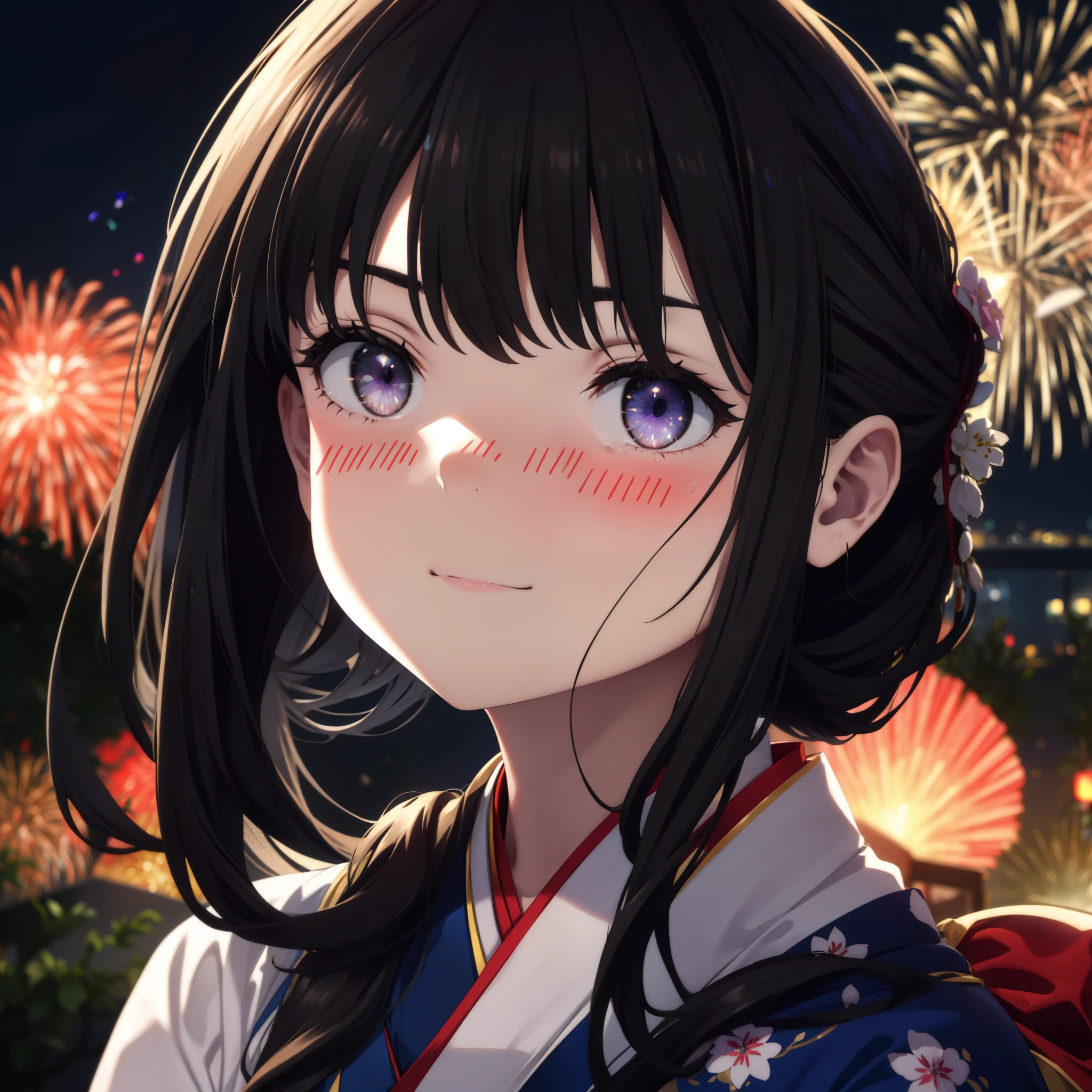 Takiuchi, Check it out, Long Hair, bangs, Black Hair, (Purple eyes:1.2),Flower Hair Ornaments,hair tied back,smile,blush,Embarrassing,Blue Kimono,Sandals,日本のfestival,夏festivalの屋台、Red lantern,Fireworks in the night sky,Fireworks,The place is a fireworks display,Time is night,whole bodyがイラストに入るように,Looking up from below、
break outdoors, festival,shrine,
break looking at viewer, whole body, (Cowboy Shot:1. 5)
break (masterpiece:1.2), highest quality, High resolution, unity 8k wallpaper, (figure:0.8), (Beautiful fine details:1.6), Highly detailed face, Perfect lighting, Highly detailed CG, (Perfect hands, Perfect Anatomy),