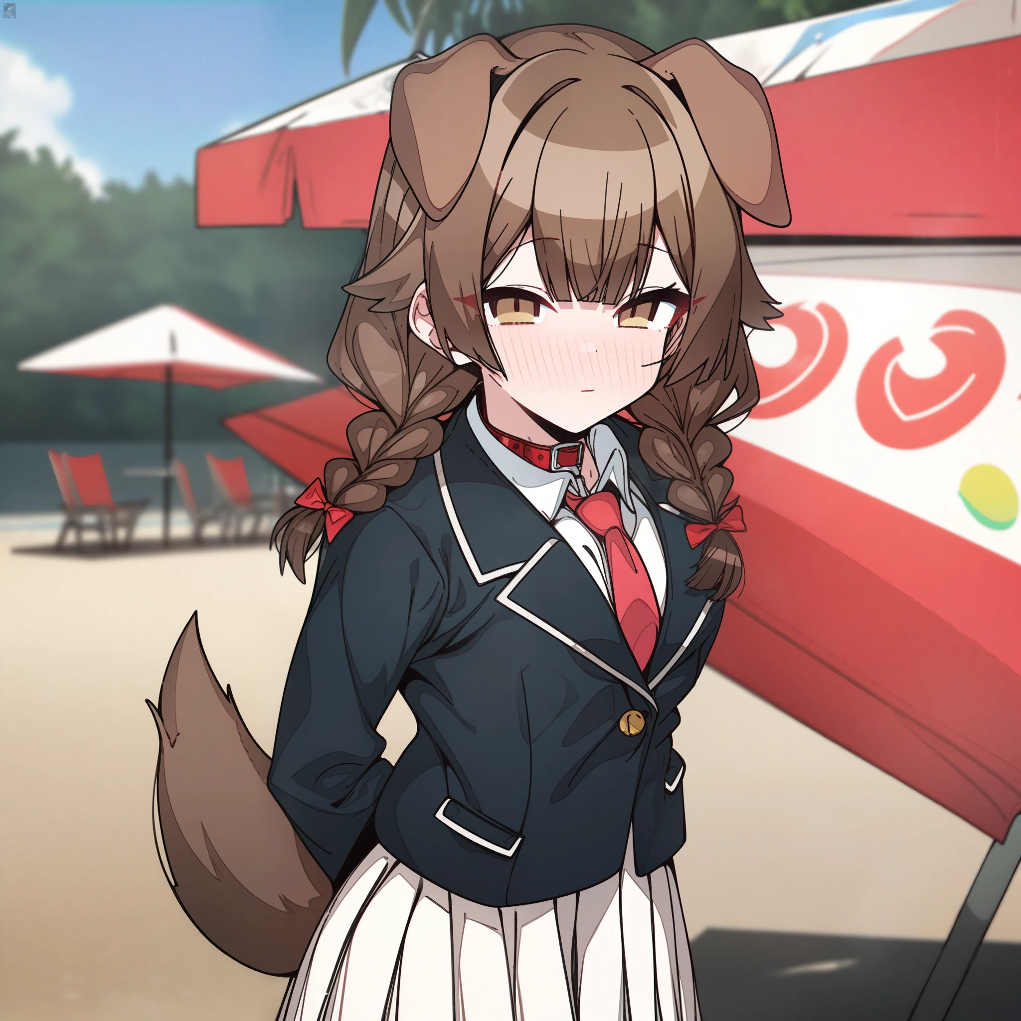 hoshino_(blue_archive) with brown hair and brown eyes, Artist, erere, Copyrights, idolmaster, idolmaster_shiny_colors, Character, General, 1girl, brown_hair, blunt_bangs, blush, medium_breasts, breasts, detailed eyelashes, beatiful girl:1, brown_eyes, censored, school_uniform, pleated skirt, blazer, red tie, dog_tail, animal_collar, twin_braids, dog_ears, bone_hair_ornament, :|, (full_body), standing in middle, beach_umbrella), sky:0.7, half-closed_eyes, detailed, sand, outdoors, from_side, looking_at_viewer, masterpiece, best_quality, great_quality, girl, solo, center_composition, centered character, cute