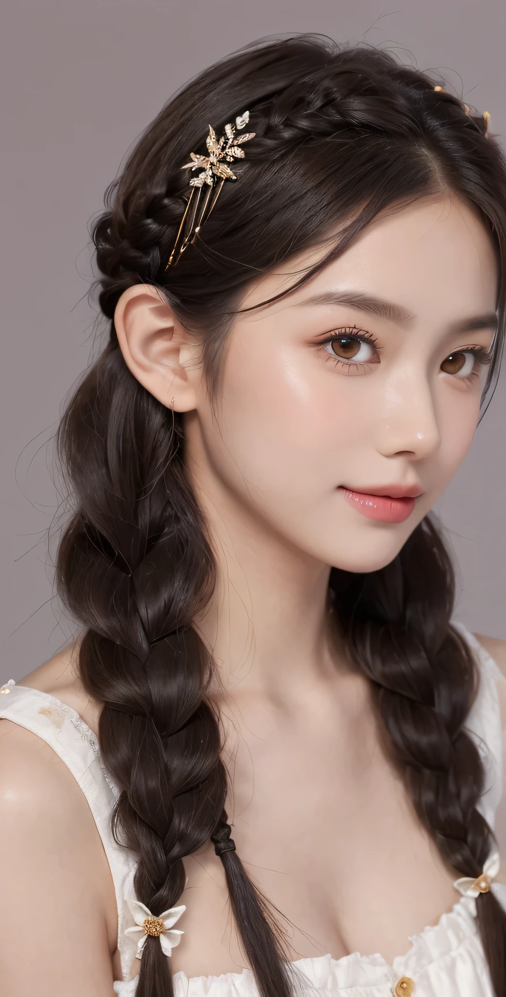 best quality,masterpiece, 1 girl, solo, MODELSHOOT, amazing, Alina, (((portait))), anthlers, deer ears, look at users, smile, blush, hairpin,(( braid)), hair ornaments, ((hairclip)),