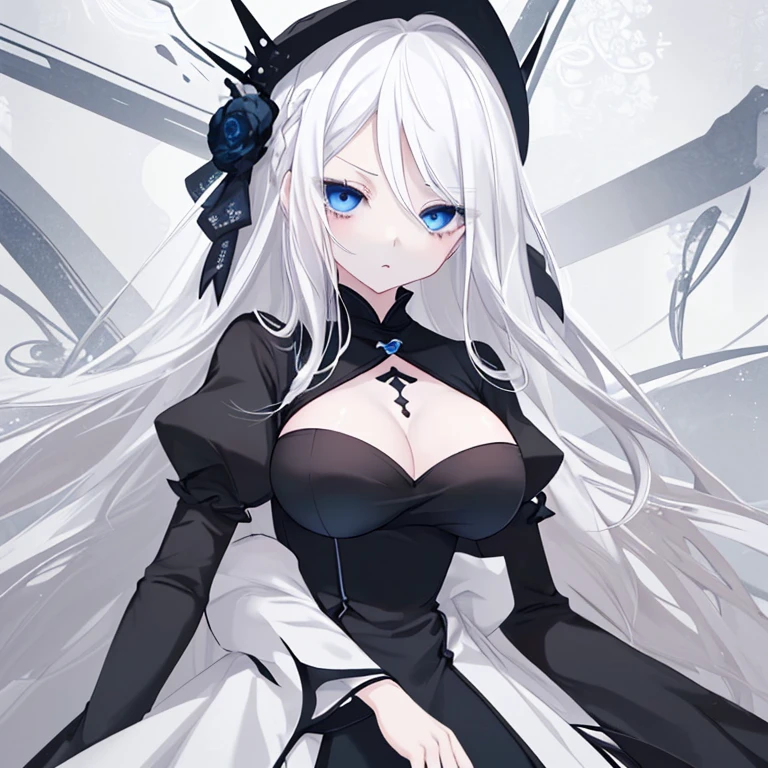 1 girl、Mature、Ample breasts、White Hair、Long Hair、Blue Eyes、Sharp Eyes、Expressionless、Black Dress、Sister's Costume、Belly button、Black Veil、Black Rose、Large stained glass in the background、High resolution、highest quality