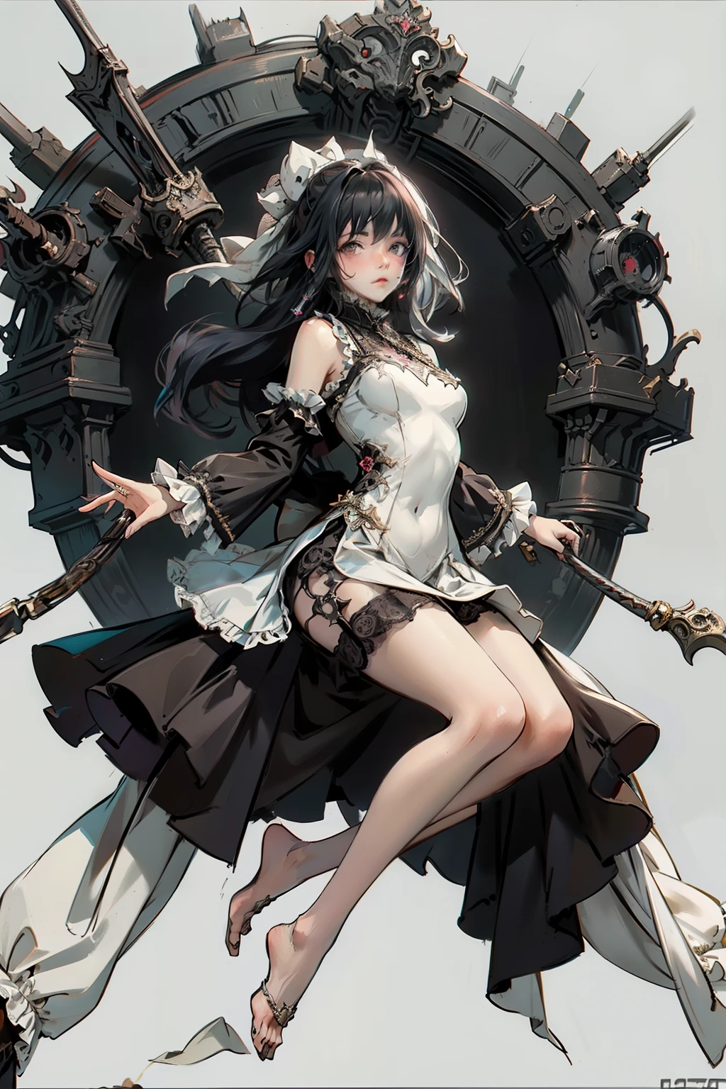 ((best quality)), ((masterpiece)), (detailed), blank white background, plain background, white background, Bloodborne inspired, occult aesthetic, occult, detailed and intricate steampunk and detailed gothic, NSFW, Very dramatic and cinematic lighting, cosmic horror, grim-dark, side-lighting, perfect face, NSFW, Fluttering lace flared long knee length dress with frilly petticoats, knee length dress, pleated petticoats, ta dress, petticoats gothic loliside-lighting, gothic lolita aetic, beautiful small breasts, small breasts, full body, whole body, body, plain background, white background, blank background, no background, white background NSFW, full body, whole body, head-to-toe