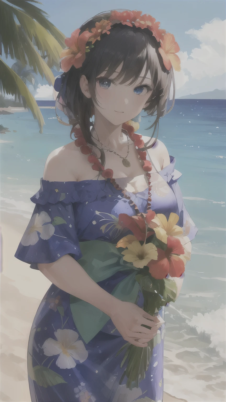 ((best quality)), ((masterpiece)), (detailed face and eyes), perfect face, Wearing a muumuu, Hawaii, flower necklace, Hawaiian dress, Hawaiian lei around neck, flower on head, cowboy shot, at beach, mature,