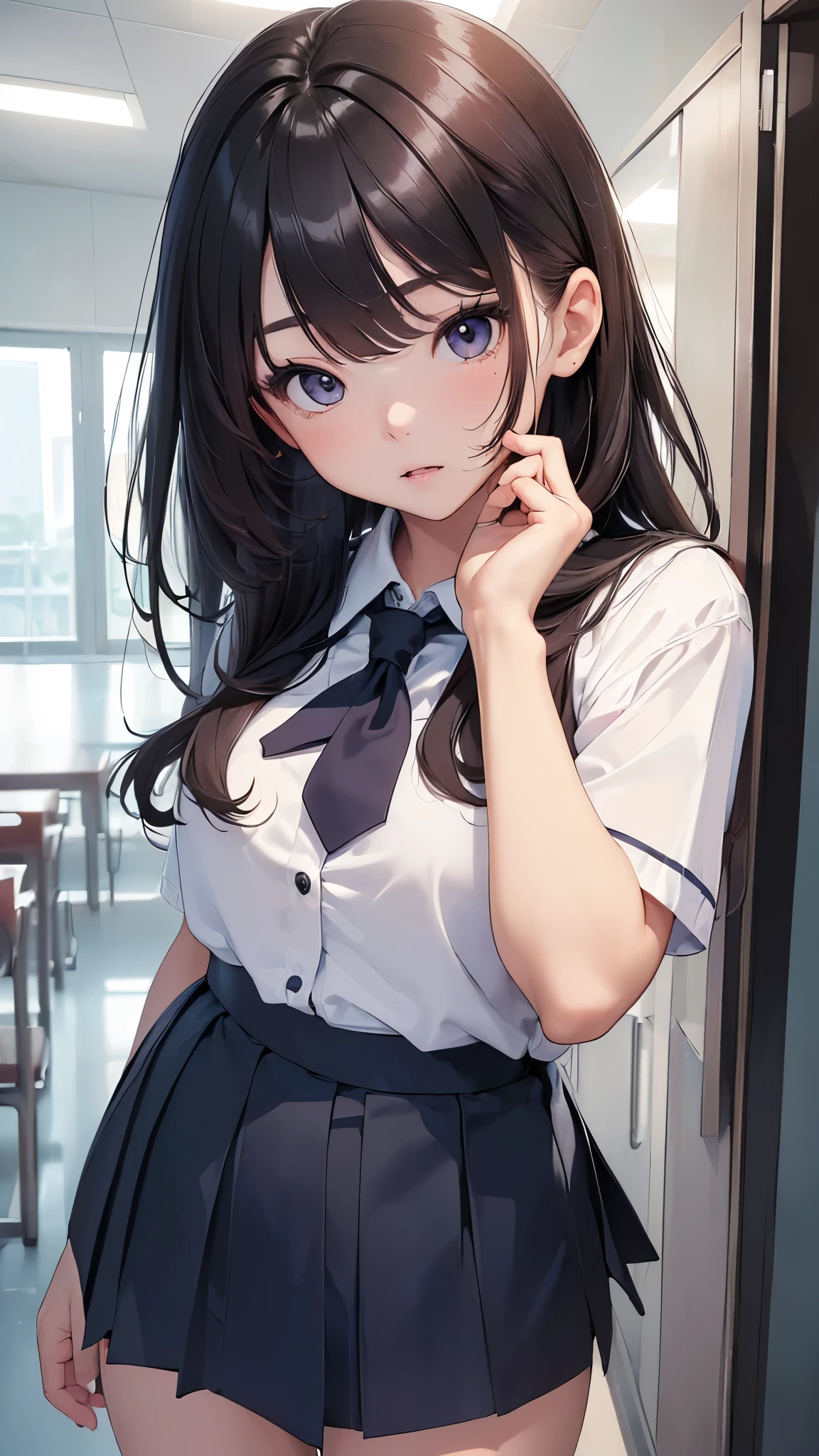 (((masterpiece))),(((High resolution)))、(((8K quality)))、(((perfect face)))、(((Korean beauty))), 18 years old, ((mini skirt school uniform)), plump, look at the camera, ((high resolution face)), ((top quality eyes)), ((detailed texture))