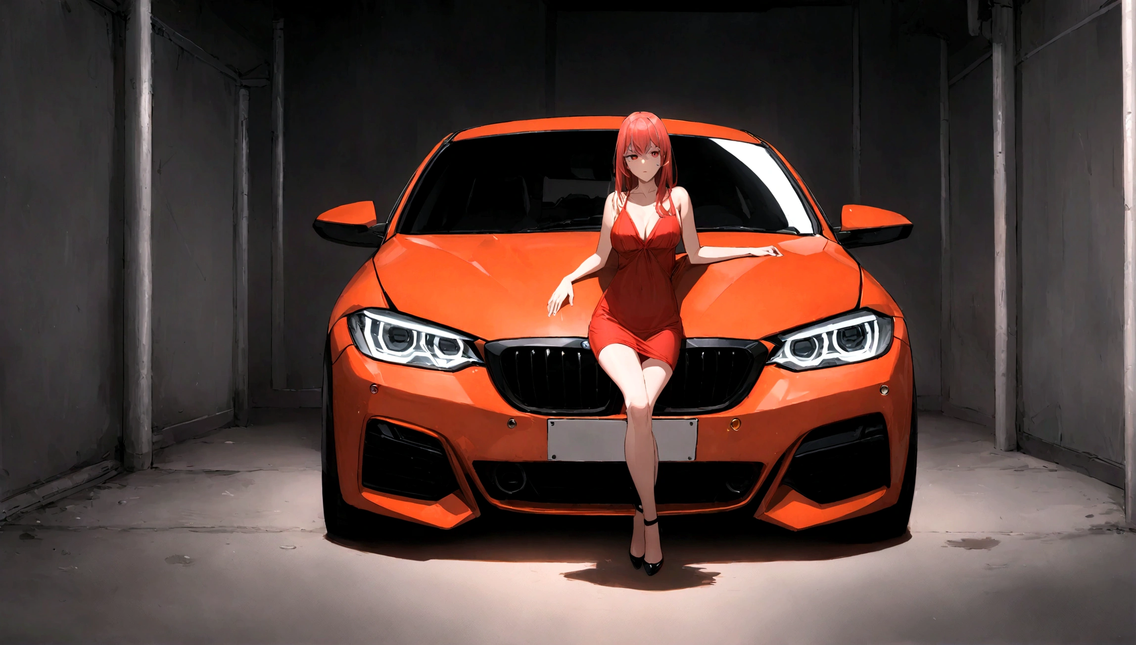 chica sexy vestida de rojo con un vestido ajustado con un auto bmw rojo de fondo.