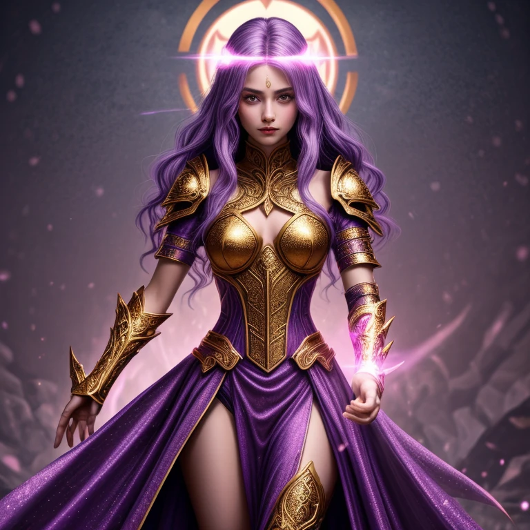 Digitales Artwork von Die Figur muss langes, welliges, pinkfarbenes Haar haben, leuchtend violette Augen, und trage eine aufwendige magische Rüstung, die mit goldenen Runen leuchtet. , beste Qualität, highres, 4k