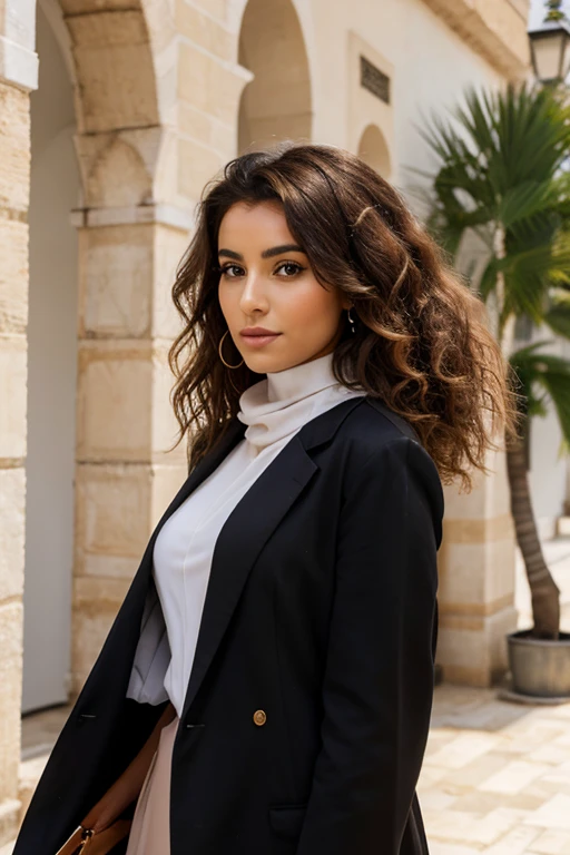 generate me an Algerian Moroccan influencer who tans and is known for her unique style and fashion sense. Physiquement, elle est souvent décrite comme ayant une silhouette élancée. She has curly brown hair at the roots then rather light towards the ends. . His eyes are dark brown, et elle est souvent vue portant un maquillage impeccable qui met en valeur ses traits fins et harmonieux. Son style vestimentaire varie, but she often favors chic and modern outfits, combinant des pièces de créateurs avec des accessoires tendance pour un look à la fois élégant et décontracté.