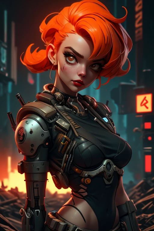 A highly detailed and realistic skull girl,( Anya. Taylor Joy) cyberpunk character, mad max furiosa, one hand robot, cyborg arm, orange hair, dramatic metal heavy rock theme, best quality, 8k, hyperrealistic, photorealistic, extreme detailed painting, studio lighting, vivid colors, dark moody atmosphere, cinematic, dramatic pose, intricate mechanical details, glowing energy effects, intense gritty textures, seamless integration of organic and inorganic elements. Wearing the used clothes of a wastelander. Background: An apocalyptic wasteland. Dusty and depressing., sexy pose, walking