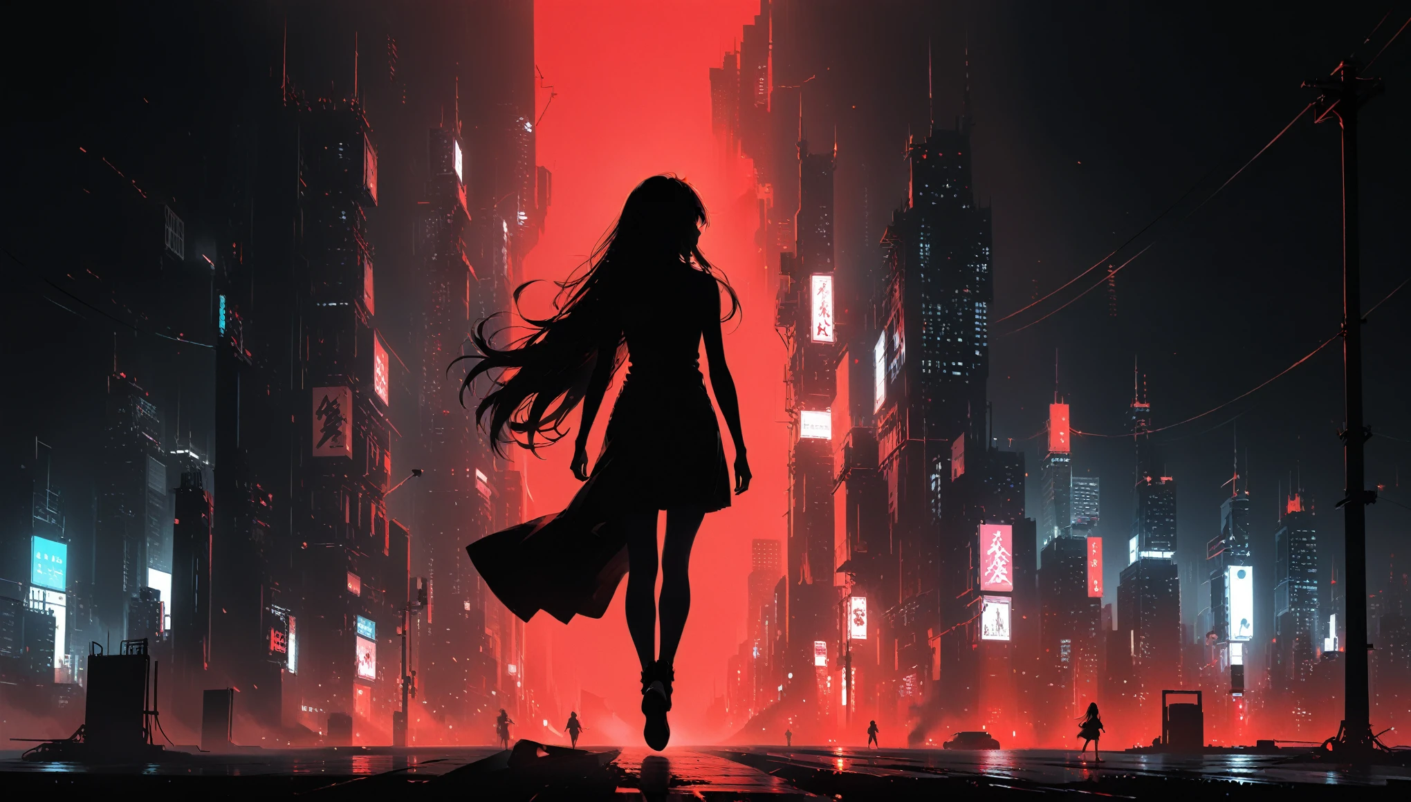 (in style of Ashley Wood:1.3),(in style of Takeshi Obata:0.9), black and white urban skyline background,protruding utility poles,(a red silhouette of a young girl:1.6),minimalist silhouette,red silhouette,black and white background,wide_shot,Silhouette of a girl standing on top of telephone pole,glowing neon color hair,(incredibly long hair fluttering in the wind:1.4)(Minimalist art style:1.4),(Posing dynamic action,Expressive movements:1.3),