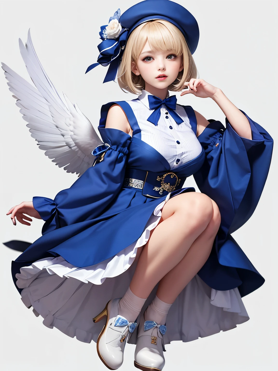 uekura, One girl, Blonde Hair, White Background, Have, dress, Blue footwear, wing, Simple Background, sign, flower, Manicure, Wide sleeves, Long sleeve, blush, animal, white flower, alone, whole body, bird, View Viewer, High heels, Put your hand on your cheek, put your hand on your face, Frills, bow, bangs, ribbon, Bell, Blue hat, +_+, shoes下, short hair, Grey Eyes, shoes, Blue Claws, feathered wing, Big Breasts, blue bow