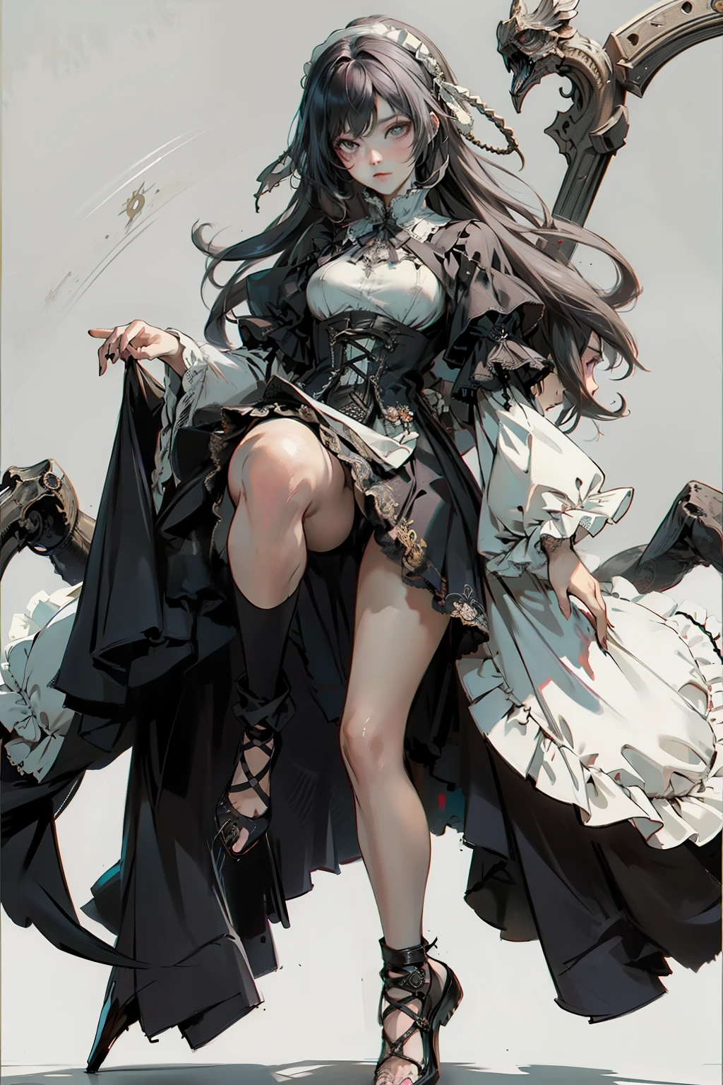 ((best quality)), ((masterpiece)), (detailed), blank white background, plain background, white background, Bloodborne inspired,  occult aesthetic, occult, detailed and intricate steampunk and detailed gothic, NSFW, Very dramatic and cinematic lighting, cosmic horror, grim-dark, side-lighting, perfect face, NSFW, Fluttering lace flared long knee length dress with frilly petticoats, knee length dress, pleated petticoats, lolita dress, petticoats gothic lolita, side-lighting, gothic lolita aesthetic, beautiful small breasts, small breasts, full body, whole body, body, plain background, white background, blank background, no background, white background NSFW, full body, whole body, head-to-toe