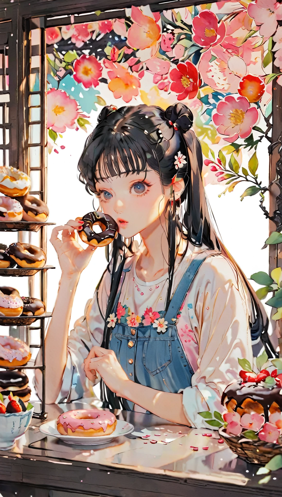 (((paper cutting style))), 1 girl, long black hair, straight hair, twin tails, doughnuts, shirts, denim