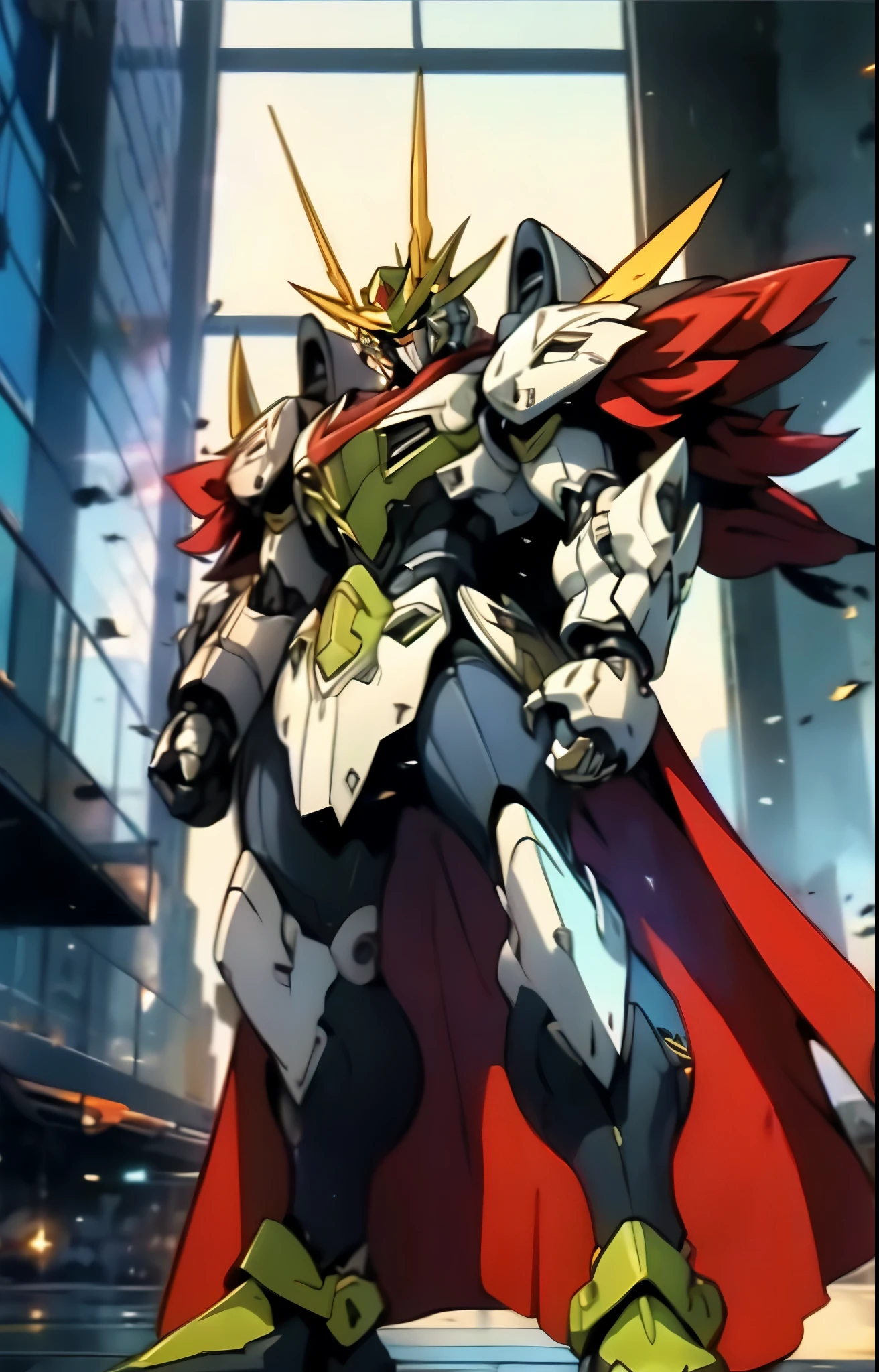 Humanoid Mecha, fully enclosed shoulder guards, matching arm and leg guards, full body, full armor, the design balances heavy with agility, (the color scheme is primarily white with red and blue accents, the concept Inspired by Super robot, organic biotech armor, standing, floating high above the futuristic sci-fi city), exquisite and mature art style, (aura effect, energy, glowing eyes, the armor glows), ((SRS)), metallic, dynamic, dramatic, high definition, best quality, highres, ultra-detailed, ultra-fine painting, extremely delicate, professional, perfect body proportions, anatomically correct, symmetrical face, extremely detailed eyes and face, high quality eyes, creativity, RAW photo, UHD, 32k, Natural light, cinematic lighting, masterpiece-anatomy-perfect, masterpiece:1.5