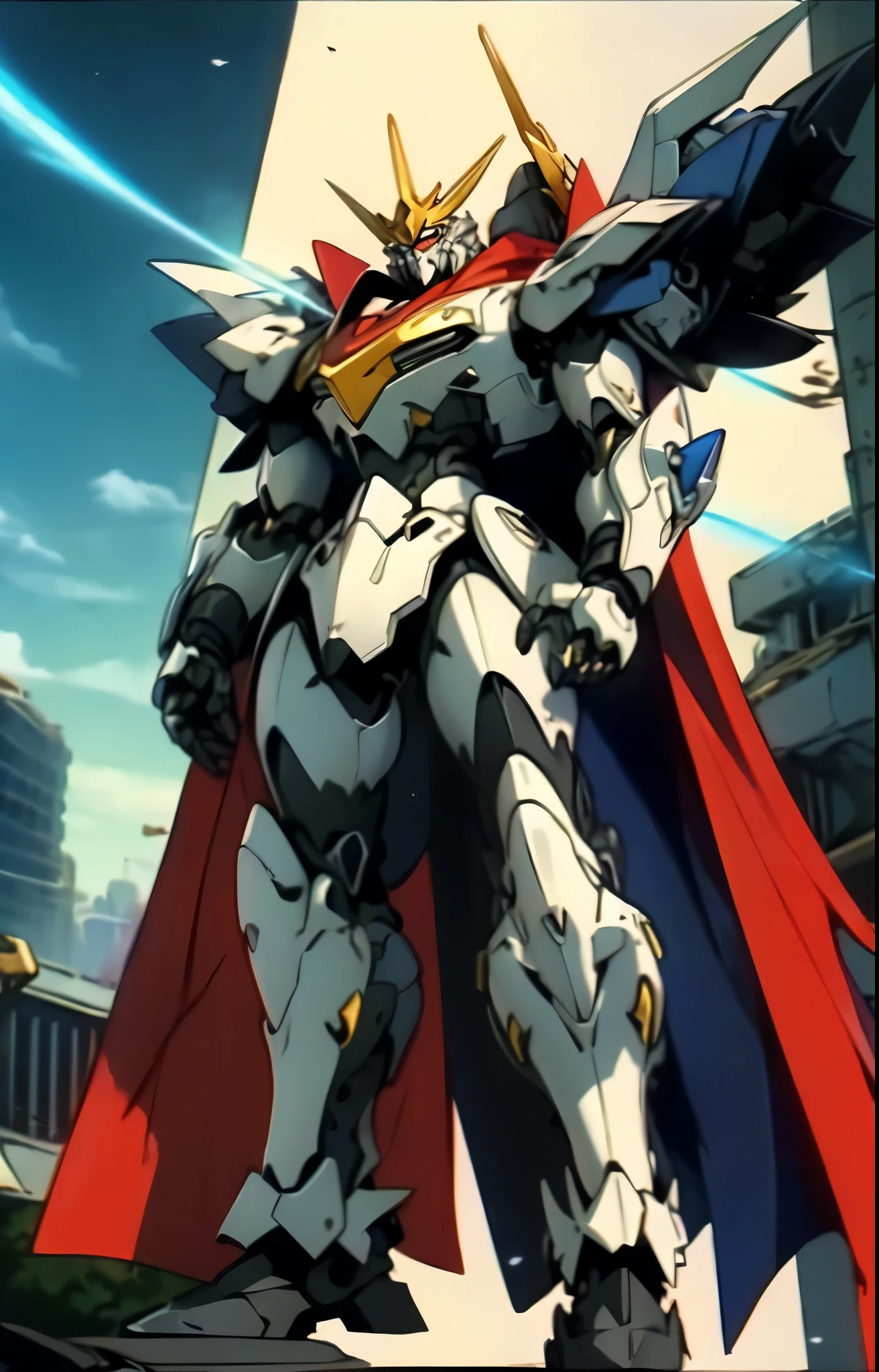 Humanoid Mecha, fully enclosed shoulder guards, matching arm and leg guards, full body, full armor, the design balances heavy with agility, (the color scheme is primarily white with red and blue accents, the concept Inspired by Super robot, organic biotech armor, standing, floating high above the futuristic sci-fi city), exquisite and mature art style, (aura effect, energy, glowing eyes, the armor glows), ((SRS)), metallic, dynamic, dramatic, high definition, best quality, highres, ultra-detailed, ultra-fine painting, extremely delicate, professional, perfect body proportions, anatomically correct, symmetrical face, extremely detailed eyes and face, high quality eyes, creativity, RAW photo, UHD, 32k, Natural light, cinematic lighting, masterpiece-anatomy-perfect, masterpiece:1.5