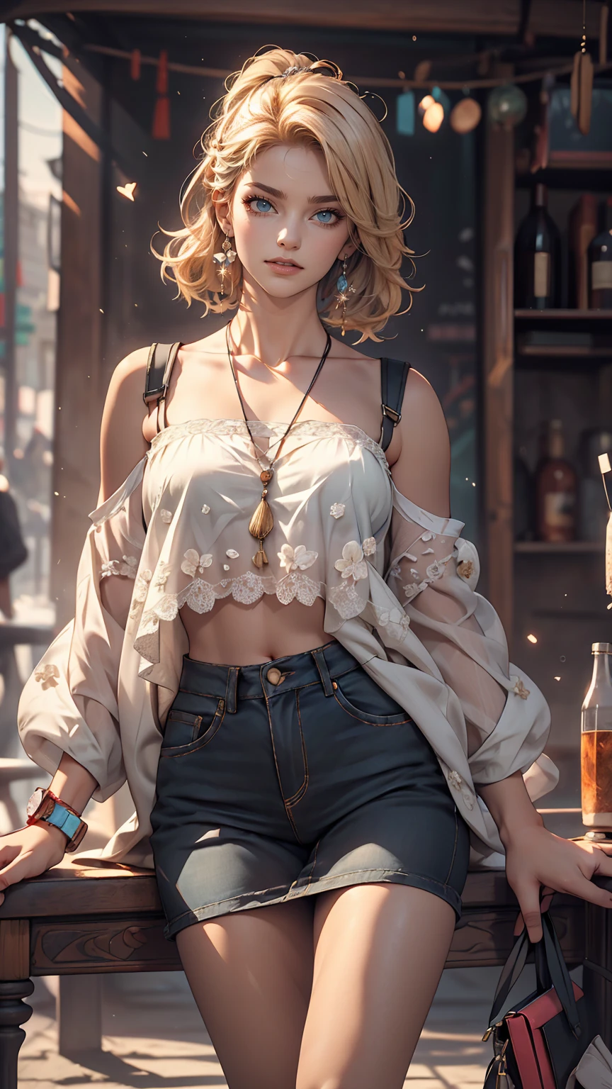 (8K, RAW Photos, highest quality, masterpiece:1.2), (Realistic, photo-Realistic:1.37)、Fashion model body type、Having her hair done、My chest is popping out、Wear accessories on your wrist、Wearing accessories on the ankle、smile、White woman、Platinum Blonde、blue eyes、Two Side Up((hair two side up))、Wear a see-through high-neck zipper-up dress、Wear mules、smile