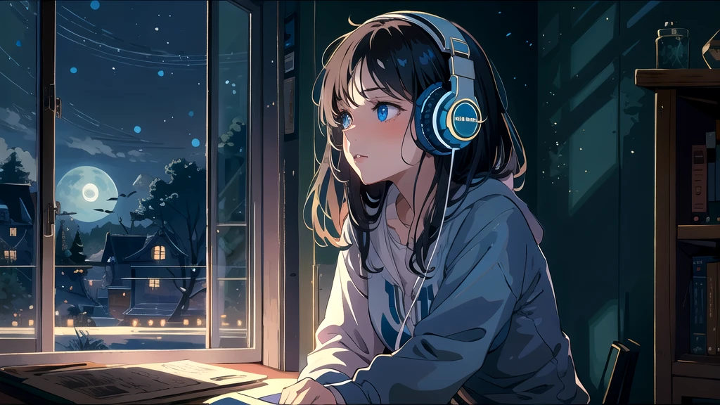 Create an illustration of a girl with dark hair and blue eyes, sitting sideways in front of the window of her room, She is wearing headphones and has a sentimental and introspective expression, Moonlight softly shines into the room, gently illuminating the space, Curtains sway in the breeze, enhancing the serene, melancholic atmosphere, Emphasizing the themes of solitude, silence, and the depths of night, the room is dark but slightly illuminated by moonlight