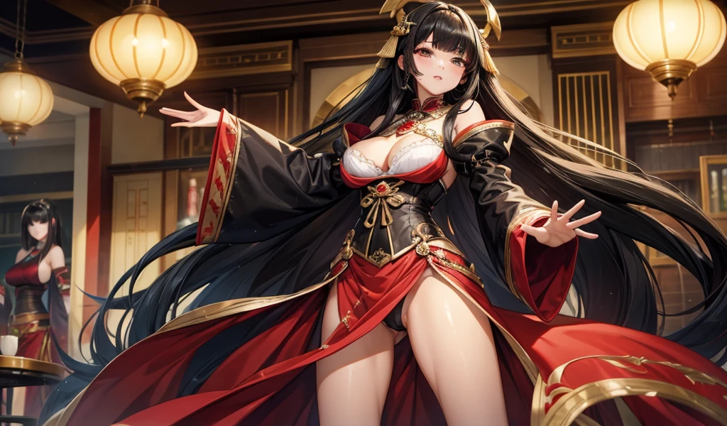 The beauty of black hair and smooth bangs,hairpin,flat chest,cleavage,Thong,imperial concubine clothing,Large sleeves,Long skirt,