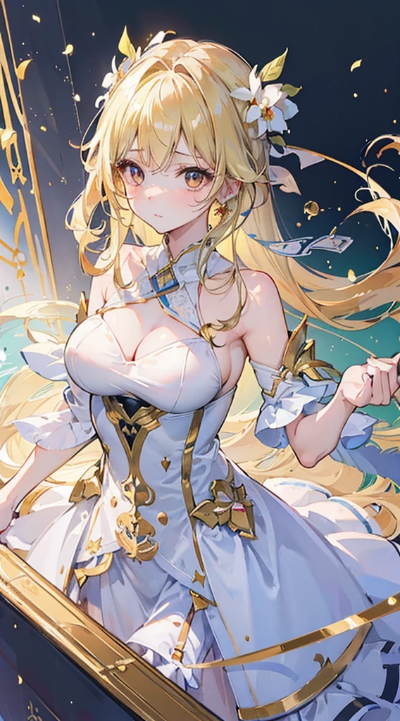 lumine, (masterpiece), (best quality), (ultra detailed), (disheveled hair), (illustration), (1girl), beautifuldetailedeyes, delicate beautiful face, (high saturation), (colorful splashes), (shining), genshin impact, blonde hair, golden eyes, medium boobs, gold earring,