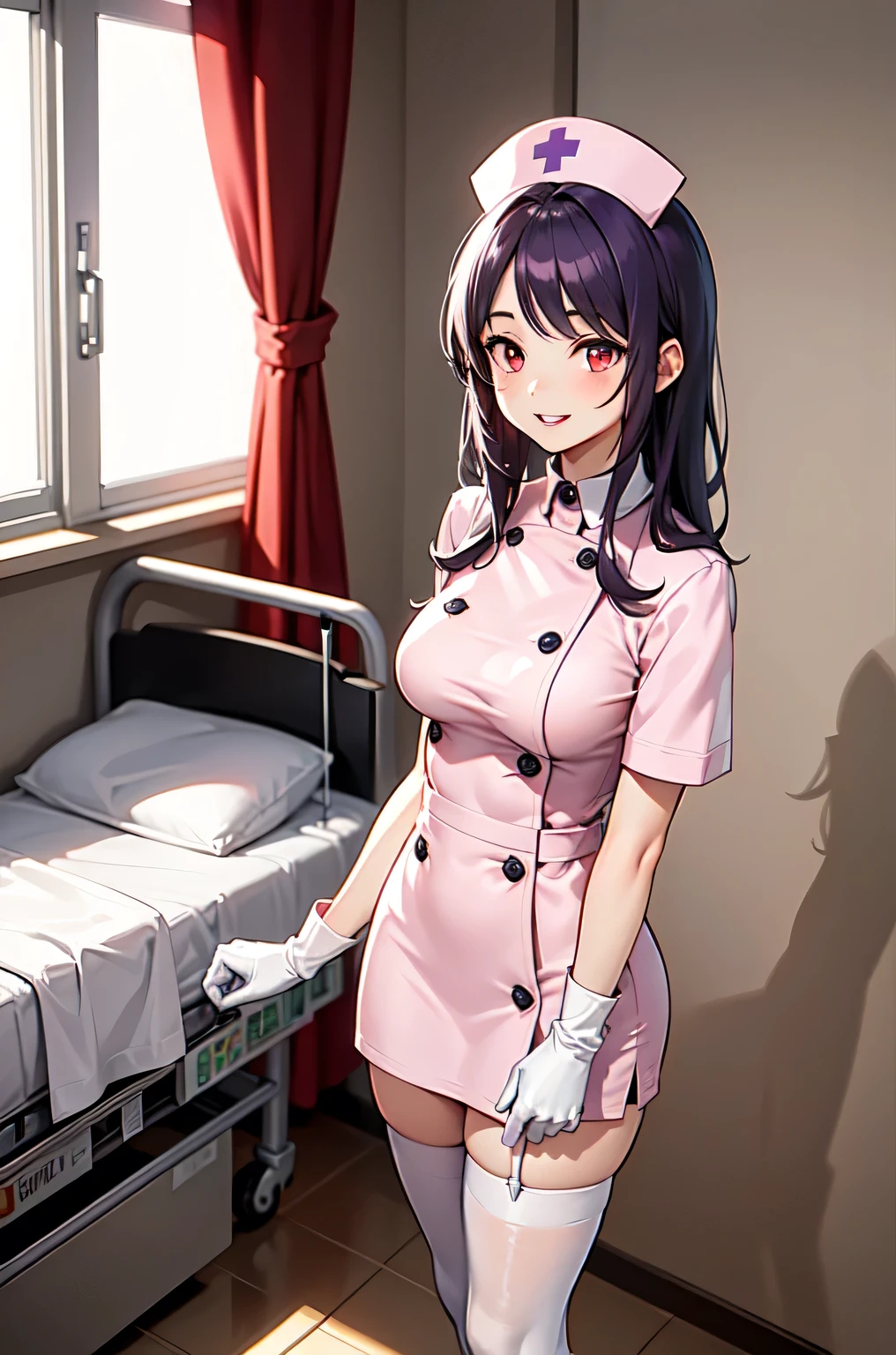 1woman, solo, nurse, white nurse cap, white nurse uniform, ((white legwear, zettai ryouiki)), white gloves, long hair, purple hair, red eyes, pink lips, smile, standing, ((hospital room)), sharp outline, short sleeves, mature female, 35 years old, best quality, masterpiece