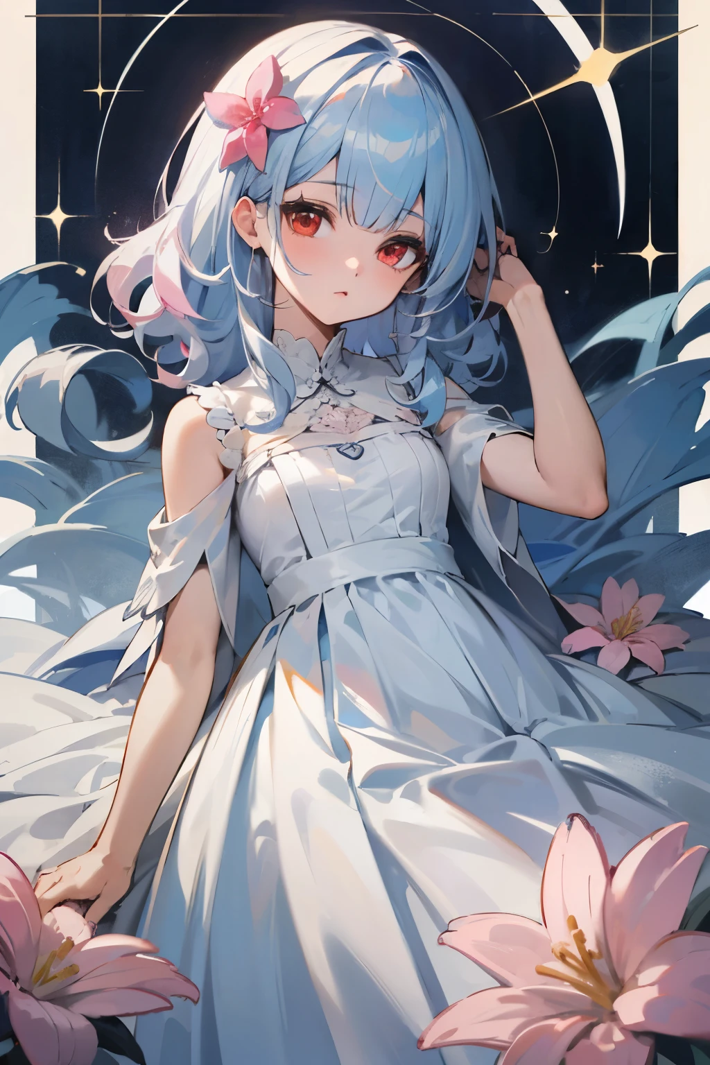 ((highest quality)), ((masterpiece)), (detailed), One , Fluffy white hair,Hair length is medium,Curly hair,One pink flower hair ornament on the left side of the head, White dress,Red eyes