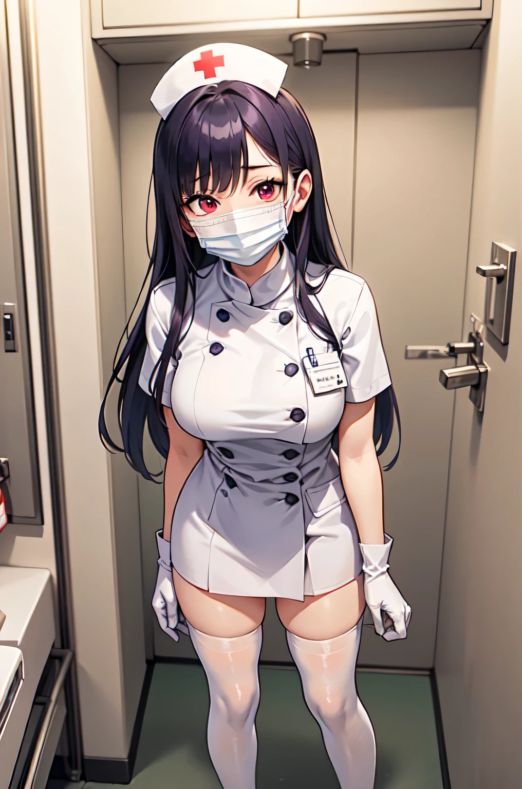 1woman, solo, nurse, white nurse cap, white nurse uniform, ((white legwear, zettai ryouiki)), white gloves, long hair, purple hair, red eyes, ((white surgical mask, covered nose)), standing, ((hospital room)), sharp outline, short sleeves, mature female, 35 years old, best quality, masterpiece