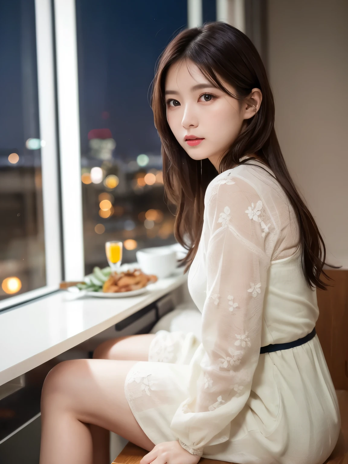 (((masterpiece))), (((highest quality: 1.4))), ((Very detailed: 1.4)) , ulzzang-6500-v1.1, (RAW Photos:1.2), (Realistic), (See-through:1.3), (Genuine:1.4), Very detailed, Sharp focus, Room with a night view of skyscrapers、A Japanese woman sitting and looking at the night view outside the window、Random Color、Nightgown、Lonely、sad、Sigh、Detailed eyes、Detailed face、Japanese Goddess、Duck mouth、Shiny skin、Realistic skin texture、(Full Body Shot:1.14)、From the side、