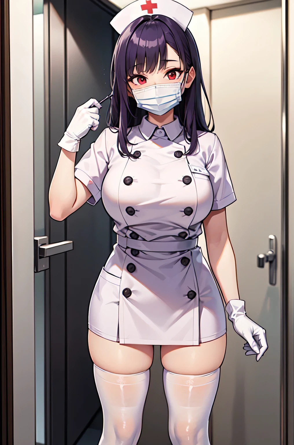 1woman, solo, nurse, white nurse cap, white nurse uniform, ((white legwear, zettai ryouiki)), white gloves, long hair, purple hair, red eyes, ((white surgical mask, covered nose)), standing, ((hospital room)), sharp outline, short sleeves, mature female, 35 years old, best quality, masterpiece