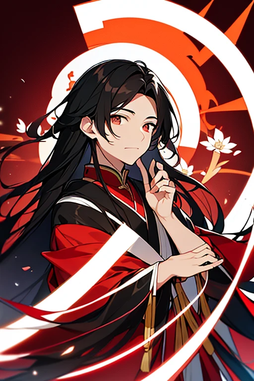 A chinese boy with long black hair, dark brown eyes and light ivory skin. he is wearing a red and black Hanfu. He looks about 23 years old.