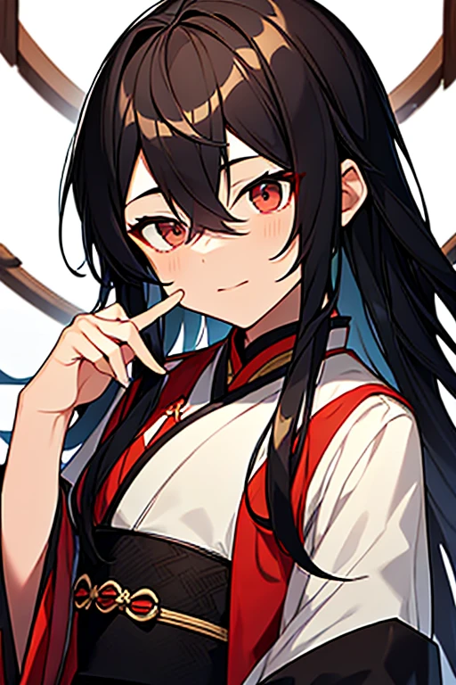A chinese boy with long black hair, dark brown eyes and light ivory skin. he is wearing a red and black Hanfu. He looks about 23 years old.