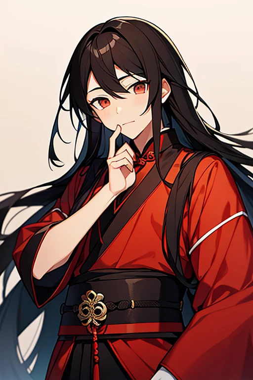 A chinese boy with long black hair, dark brown eyes and light ivory skin. he is wearing a red and black Hanfu. He looks about 23 years old.