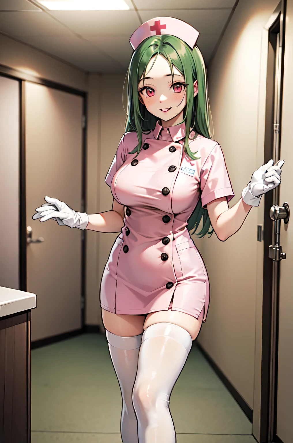 1woman, solo, nurse, white nurse cap, white nurse uniform, ((white legwear, zettai ryouiki)), white gloves, forehead, long hair, green hair, pink eyes, pink lips, smile, standing, ((hospital room)), sharp outline, short sleeves, mature female, 35 years old, best quality, masterpiece