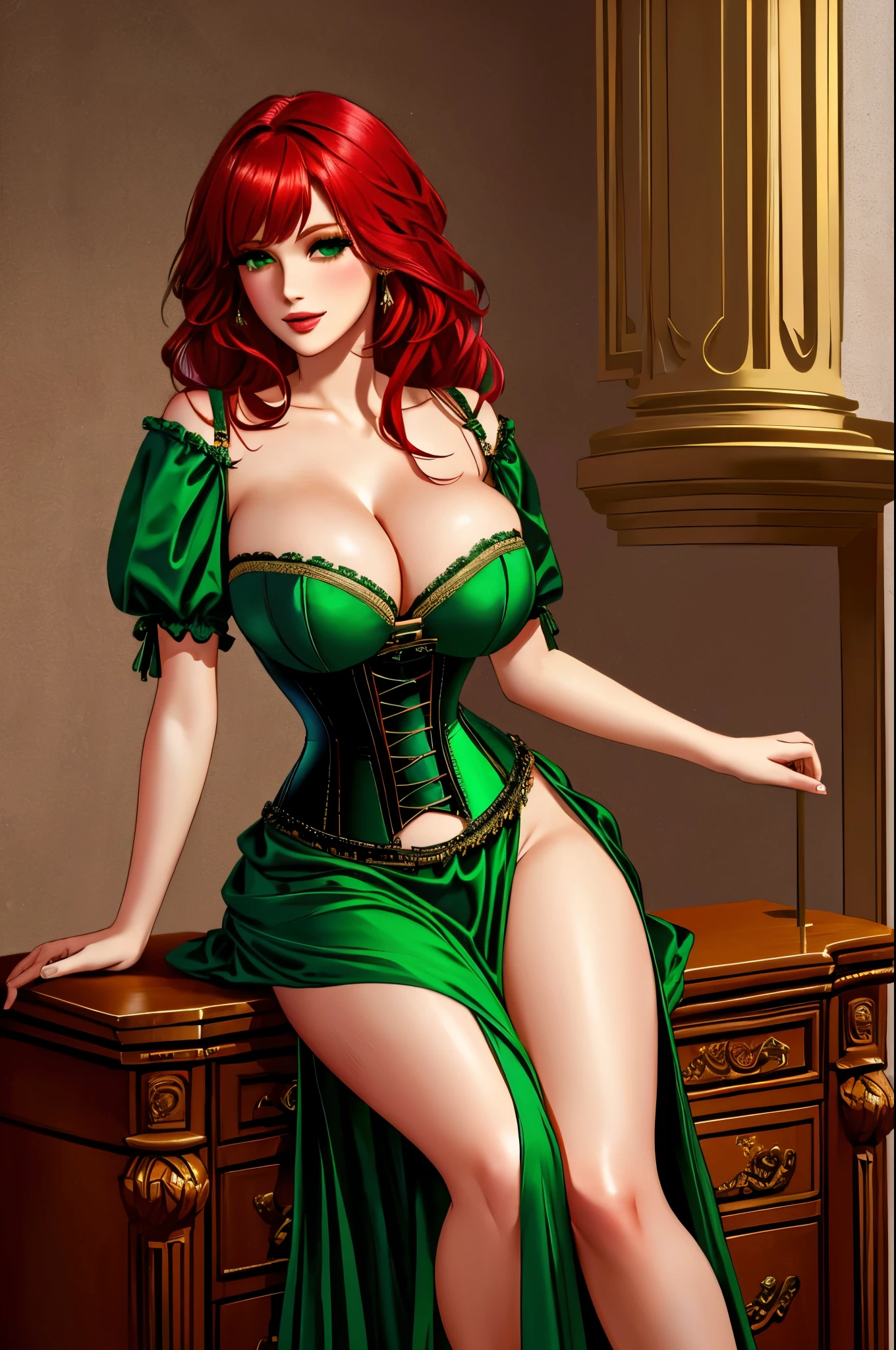 woman in a long green dress, crimson hair, corset, leg slit