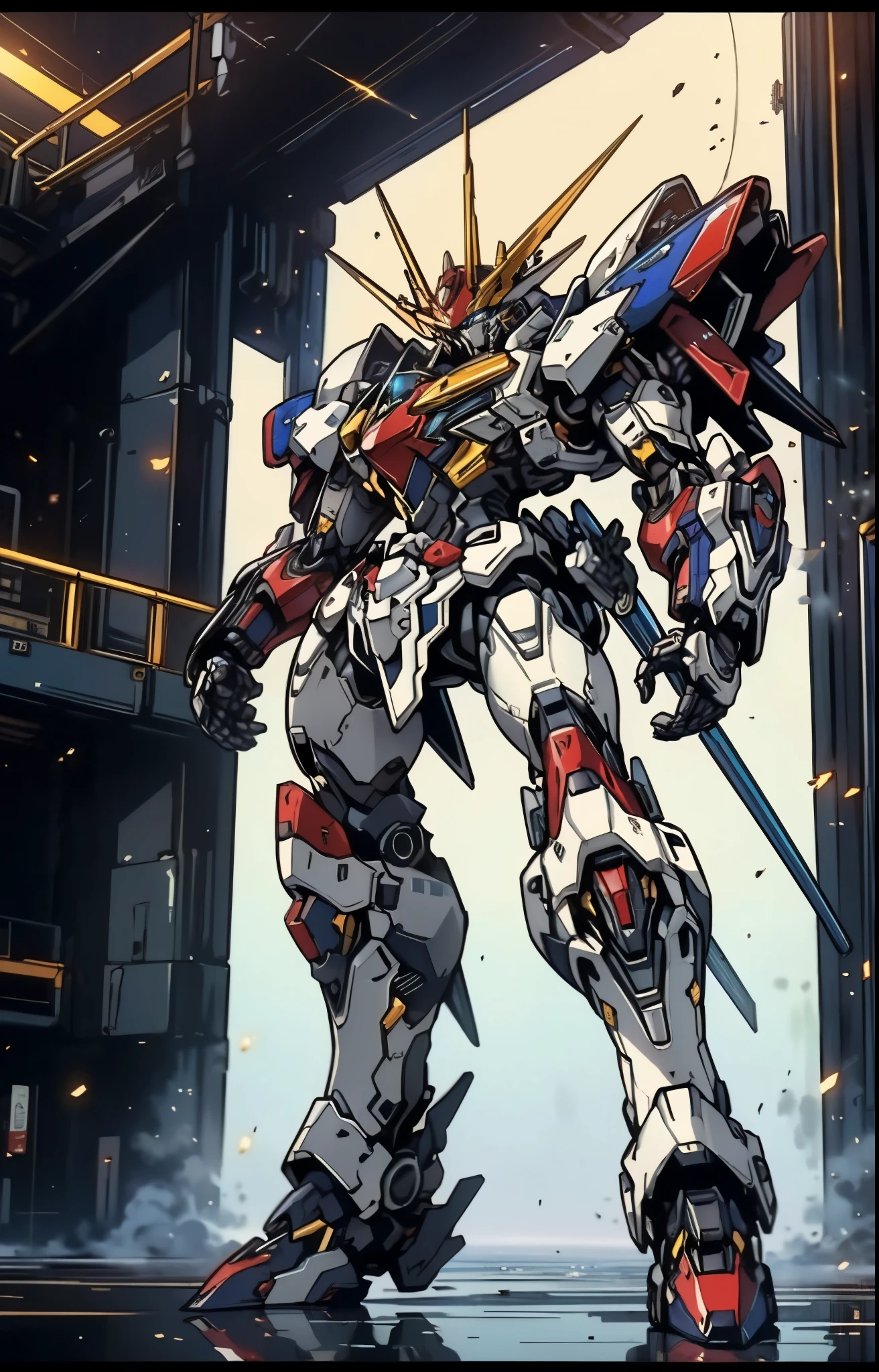 Humanoid Mecha, fully enclosed shoulder guards, matching arm and leg guards, full body, full armor, the design balances heavy with agility, (the color scheme is primarily white with red and blue accents, the concept Inspired by Super robot, organic biotech armor, standing, floating high above the futuristic sci-fi city), exquisite and mature art style, (aura effect, energy, glowing eyes, the armor glows), ((SRS)), metallic, dynamic, dramatic, high definition, best quality, highres, ultra-detailed, ultra-fine painting, extremely delicate, professional, perfect body proportions, anatomically correct, symmetrical face, extremely detailed eyes and face, high quality eyes, creativity, RAW photo, UHD, 32k, Natural light, cinematic lighting, masterpiece-anatomy-perfect, masterpiece:1.5