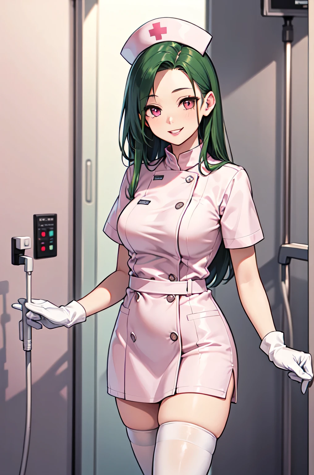 1woman, solo, nurse, white nurse cap, white nurse uniform, ((white legwear, zettai ryouiki)), white gloves, forehead, long hair, green hair, pink eyes, pink lips, smile, standing, ((hospital room)), sharp outline, short sleeves, mature female, 35 years old, best quality, masterpiece