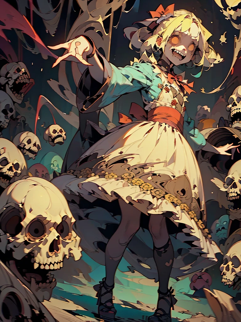 Gruesome and spooky details、An atmosphere full of suspense and tension、Psychological horror、Cute Smile、Mysterious and unsettling atmosphere、A terrifying moment、Nightmare scenario、Alice in Wonderland、Blonde、Big shoes、Enthusiastic atmosphere、Mischievous Smile、Expressive gestures、Comical movement、Psychedelic world