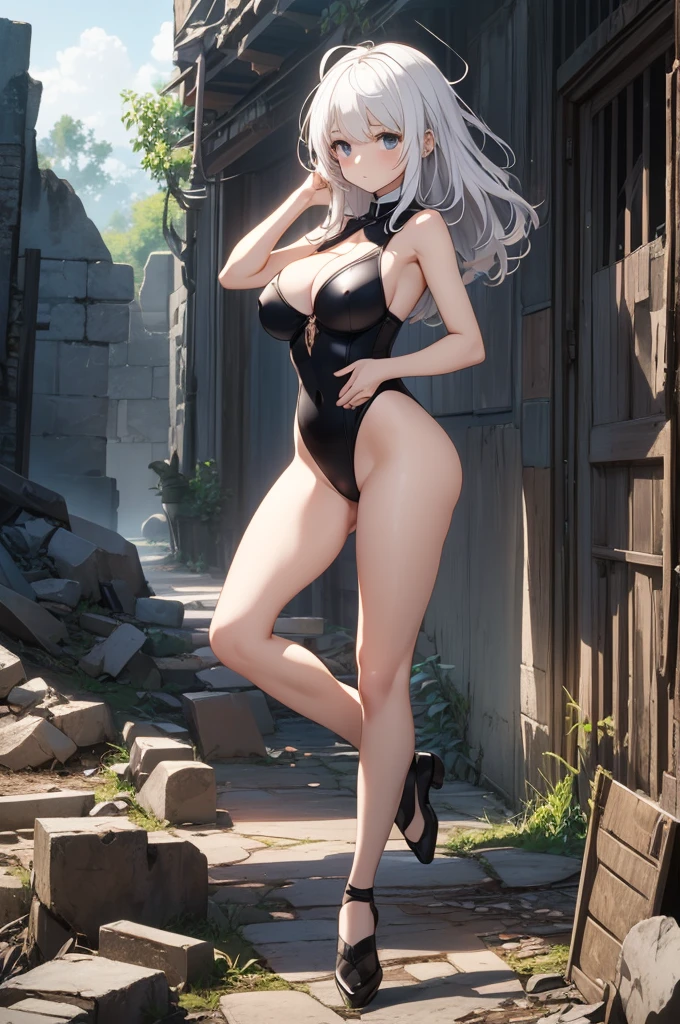 best quality, ancient ruins, desperate, full body shot, dark fantasy、One Girl、White Hair、Long Hair、黒いleotard、healthy、Normal breasts、Large Breasts、Anime illustration、leotard、(leotard:1.3)、(ハイレグleotard:1.3)