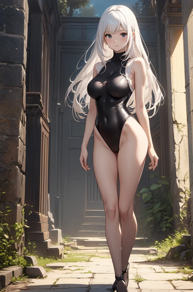 best quality, ancient ruins, desperate, full body shot, dark fantasy、One Girl、White Hair、Long Hair、黒いleotard、healthy、Normal breasts、Large Breasts、Anime illustration、leotard、(leotard:1.3)、(ハイレグleotard:1.3)