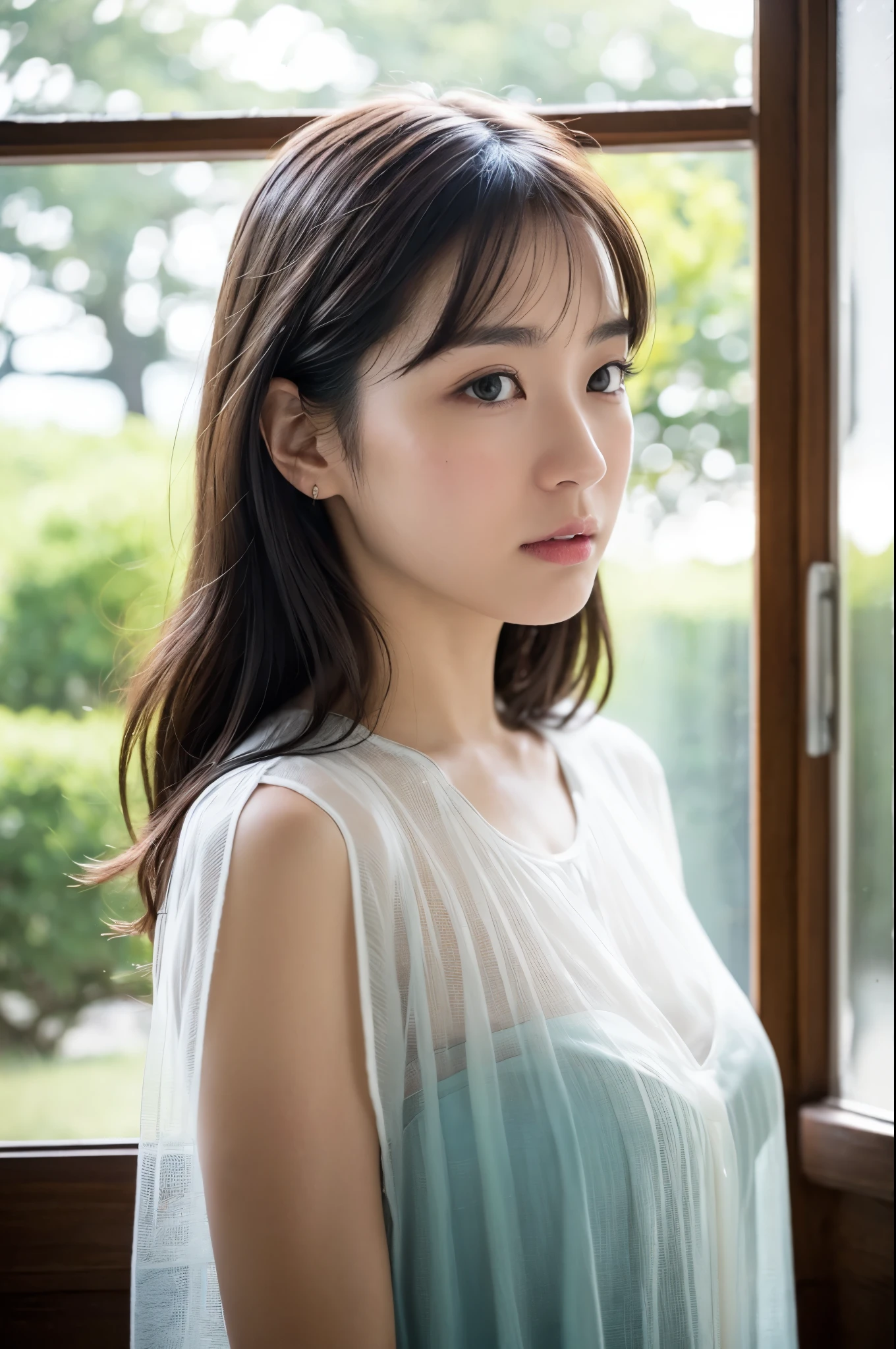 (((masterpiece))), (((highest quality: 1.4))), ((Very detailed: 1.4)) , ulzzang-6500-v1.1, (RAW Photos:1.2), (Realistic), (See-through:1.3), (Genuine:1.4), Very detailed, Sharp focus, ((背景は高層ビル群のnight景))、night景、night、Unlit room、Light from outside the window、座って窓の外のnight景を見ている日本人女性、Beautiful Japanese Woman、Random Color、Nightgown、Lonely、sad、Sigh、Detailed eyes、Detailed face、Japanese Goddess、Duck mouth、Shiny skin、Realistic skin texture、(Full Body Shot:1.2)、From the side、