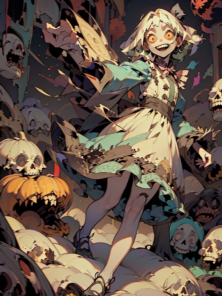 Gruesome and spooky details、An atmosphere full of suspense and tension、Psychological horror、Cute Smile、Mysterious and unsettling atmosphere、A terrifying moment、Nightmare scenario、Alice in Wonderland、Blonde、Big shoes、Enthusiastic atmosphere、Mischievous Smile、Expressive gestures、Comical movement、Psychedelic world