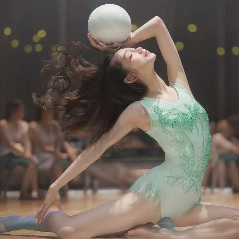 Photo-realistic quality、20 year old rhythmic gymnast balancing a ball on her head while sitting on the floor, Light grey green leotard, Perfect Dynamic Pose, Perfect Dynamic Posture, Very artistic pose、Eyes closed、Cute smile、A soft and gentle look