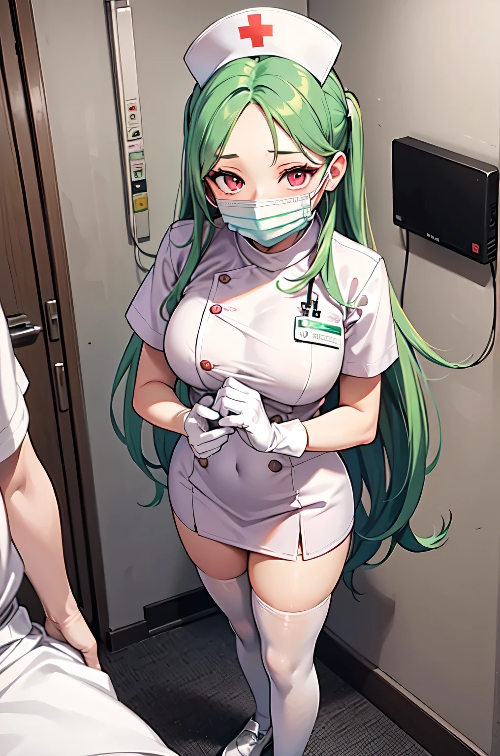 1woman, solo, nurse, white nurse cap, white nurse uniform, ((white legwear, zettai ryouiki)), white gloves, forehead, long hair, green hair, pink eyes, ((white surgical mask, covered nose)), standing, ((hospital room)), sharp outline, short sleeves, mature female, 35 years old, best quality, masterpiece