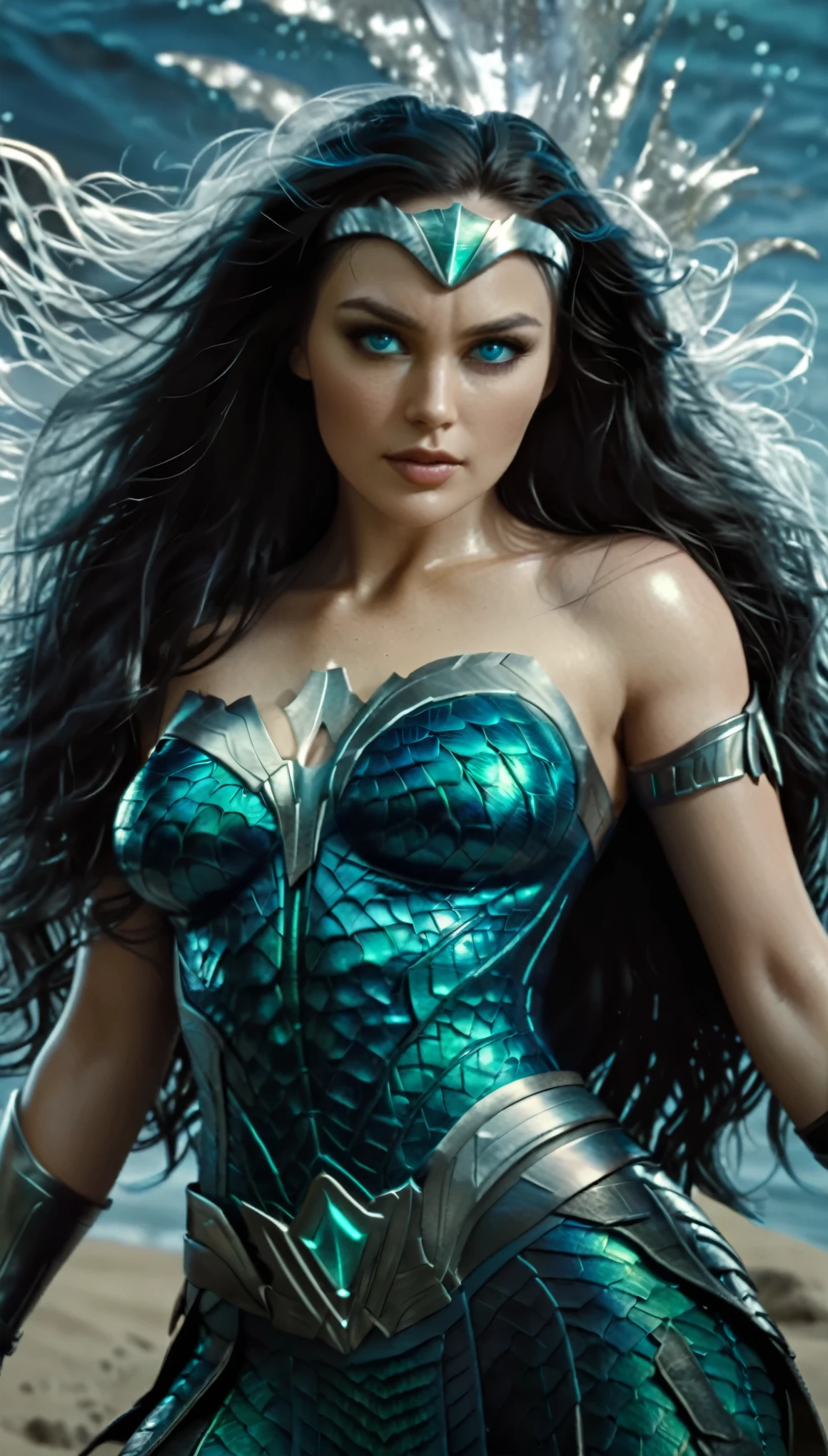 ( Masterpiece, 4k resolution, ultra-realistic, very detailed) A beautiful sexy female superhero who is a demigoddess , blue/green eyes and long dark  hair.  , , She wears a blue outfit with a fish scale like texture sleeveless , she has bracelets that are silver, and has black boots with a glowing blue tint. a silver belt with a sea shell in the center, (Oceania) (laying on her bed seductively) 