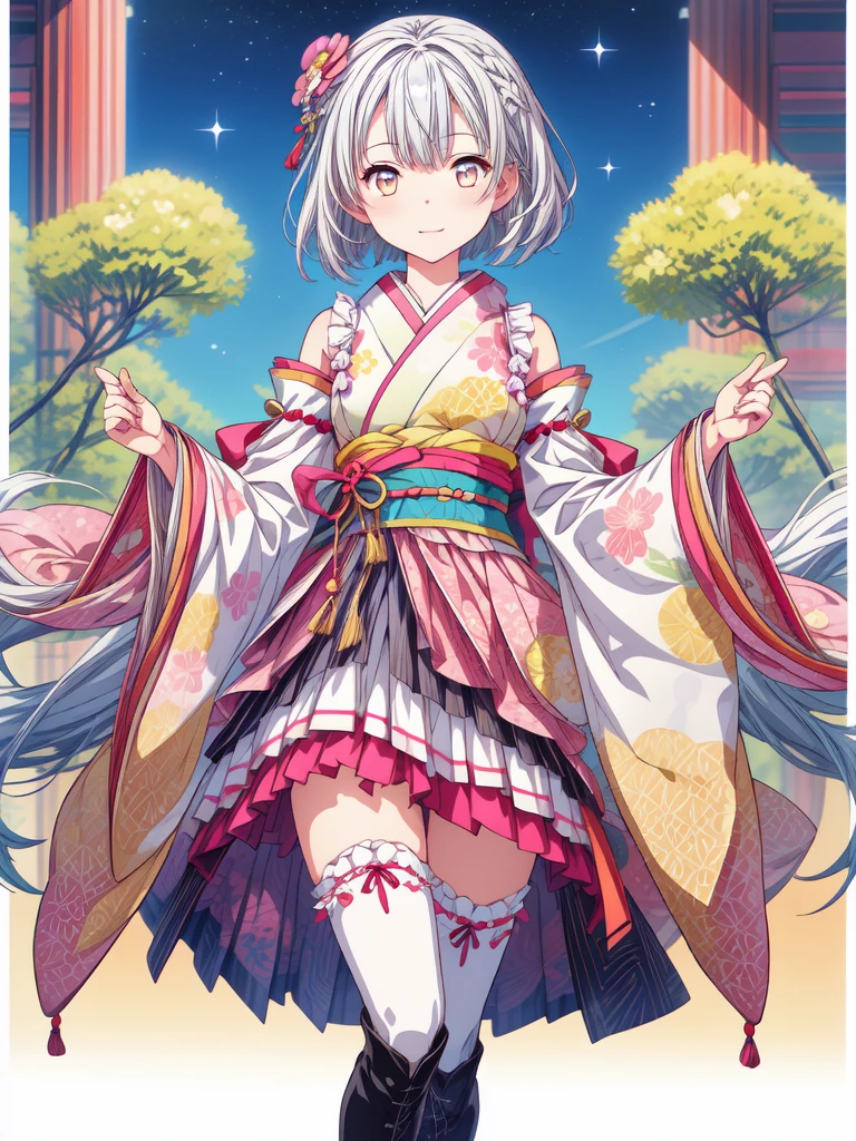 (((1girl)))、starの妖精、vtuber-fullbody、(((highest quality、Masterpiece、The best composition、Golden Ratio、Official Art、Super detailed、Super detailedな目)))、ultra detailed, from front, headshot、 blue and white hair color、Short bangs above eyebrows、Short Hair、Standing in front of the viewer、着物とゴスロリをリメイクしたMilky Way柄の洋服で濃紺と水色を基調にした色、The sleeves are long and the hands are hidden、Knee-high boots、Pure white simple background、star、Milky Way、universe、流star群、frills, japanese clothes, hair flower,wide sleeves, kimono, white thighhighs, zettai ryouiki, floral print, skirt,detached sleeves,