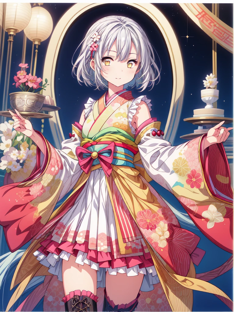 (((1girl)))、starの妖精、vtuber-fullbody、(((highest quality、Masterpiece、The best composition、Golden Ratio、Official Art、Super detailed、Super detailedな目)))、ultra detailed, from front, headshot、 blue and white hair color、Short bangs above eyebrows、Short Hair、Standing in front of the viewer、着物とゴスロリをリメイクしたMilky Way柄の洋服で濃紺と水色を基調にした色、The sleeves are long and the hands are hidden、Knee-high boots、Pure white simple background、star、Milky Way、universe、流star群、frills, japanese clothes, hair flower,wide sleeves, kimono, white thighhighs, zettai ryouiki, floral print, skirt,detached sleeves,