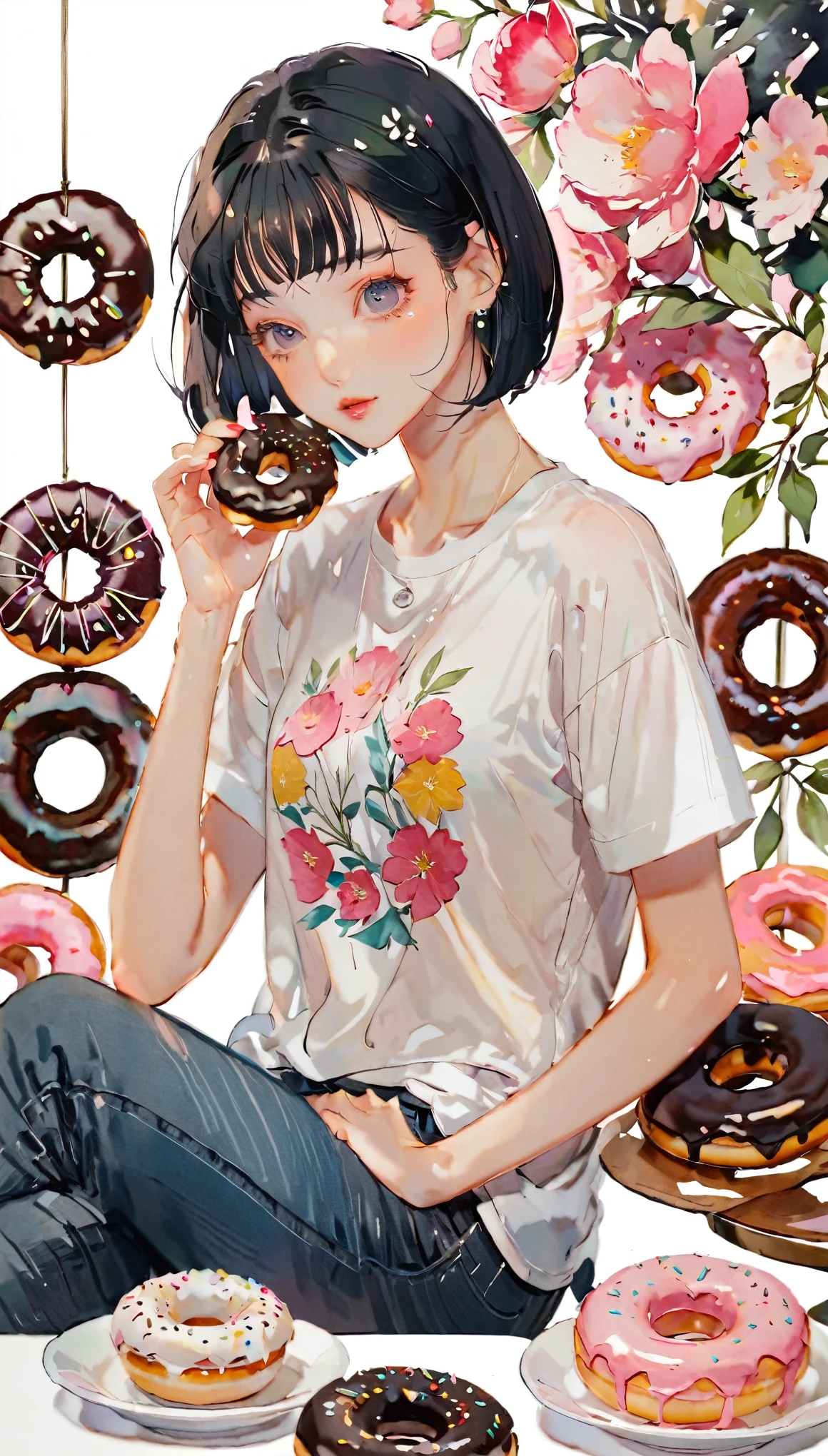 (((paper cutting style))), 1 girl, short black hair, straight hair, bob cut, doughnuts, shirts, denim