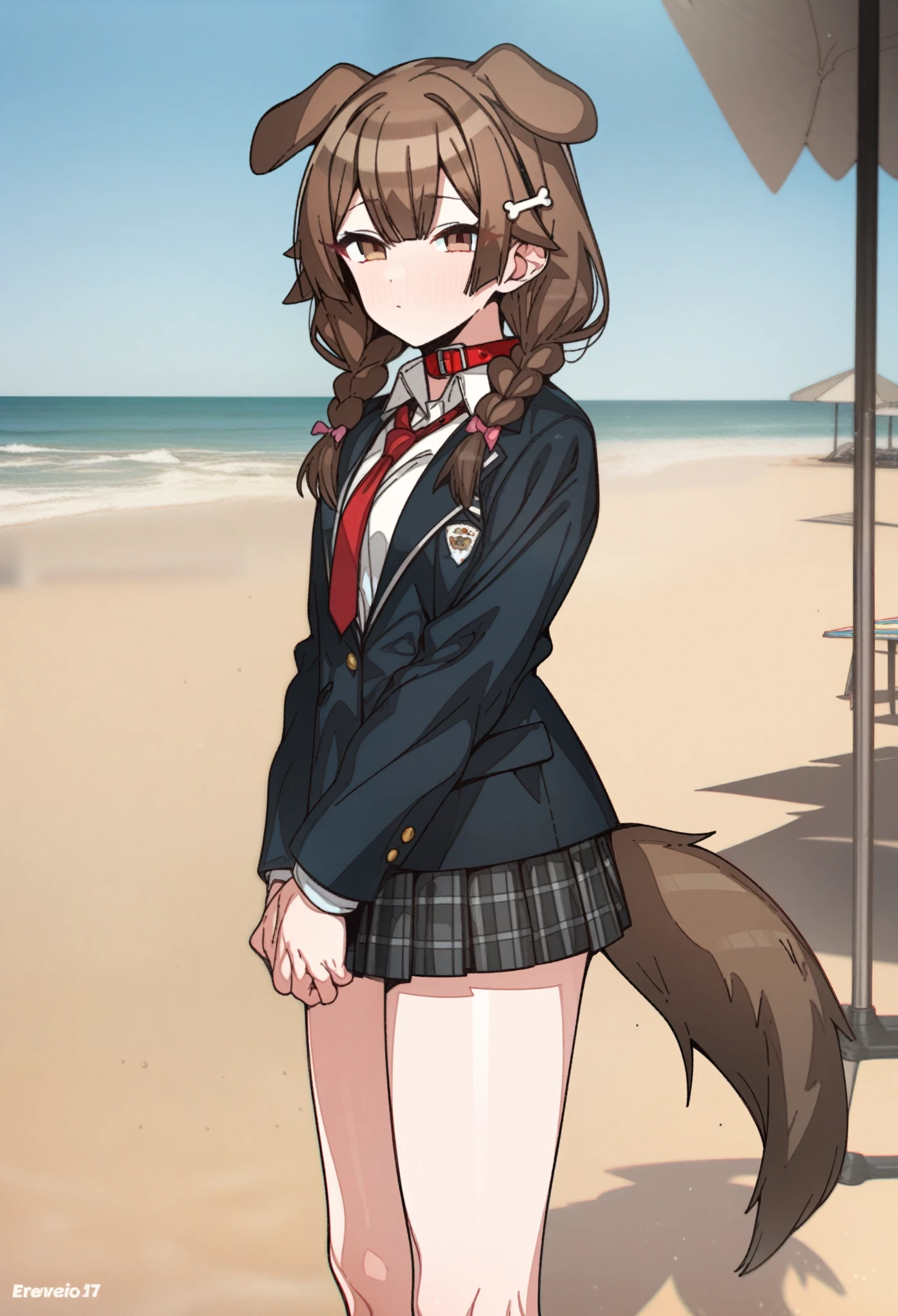 hoshino_(blue_archive) with brown hair and brown eyes, Artist, erere, Copyrights, idolmaster, idolmaster_shiny_colors, Character, General, 1girl, brown_hair, blunt_bangs, blush, medium_breasts, breasts, detailed eyelashes, beatiful girl:1, brown_eyes, censored, school_uniform, pleated skirt, blazer, red tie, dog_tail, animal_collar, twin_braids, dog_ears, bone_hair_ornament, :|, (full_body), standing in middle, beach_umbrella), sky:0.7, half-closed_eyes, detailed, sand, outdoors, from_side, looking_at_viewer, masterpiece, best_quality, great_quality, girl, solo, center_composition, centered character, cute