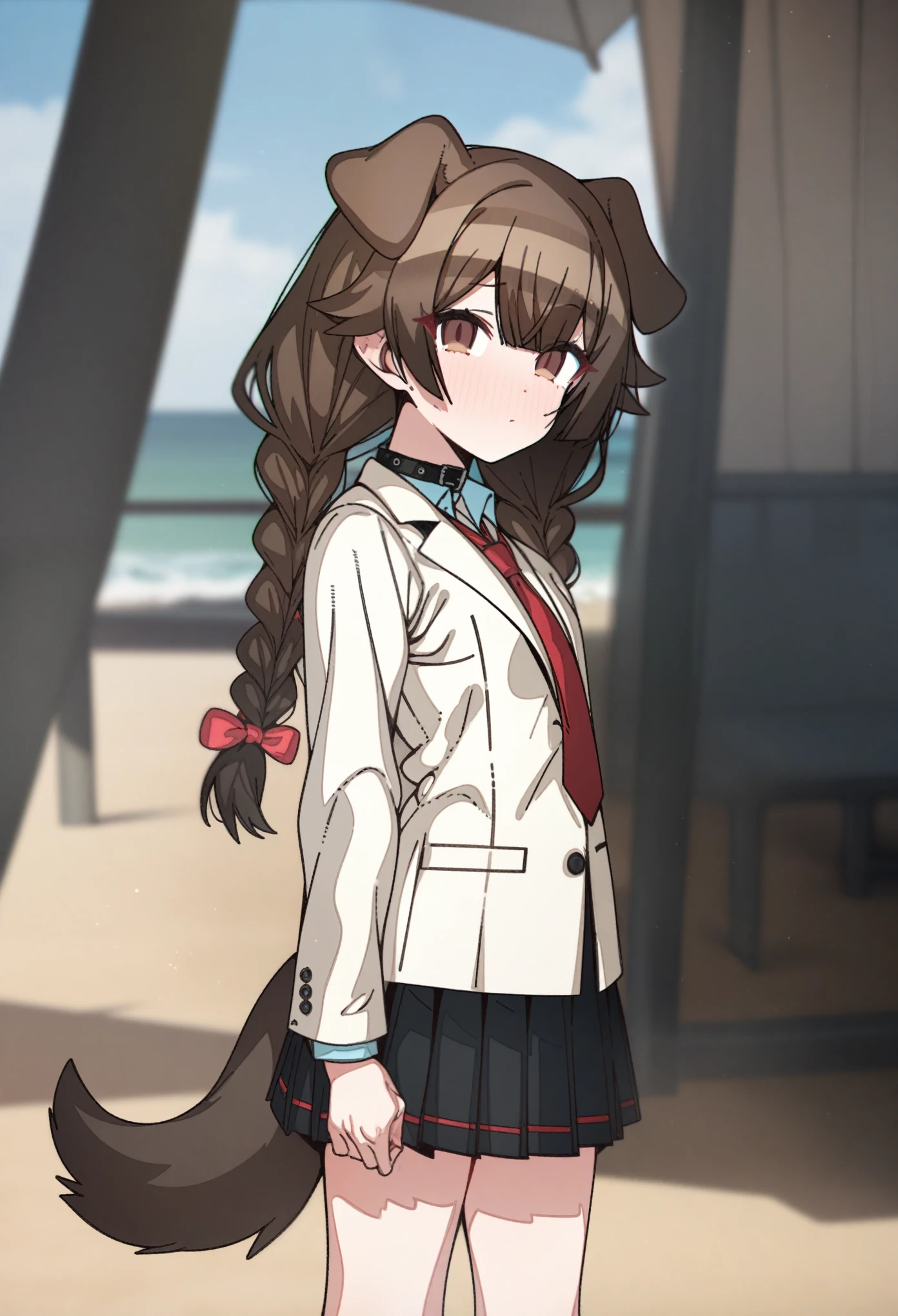 hoshino_(blue_archive) with brown hair and brown eyes, Artist, erere, Copyrights, idolmaster, idolmaster_shiny_colors, Character, General, 1girl, brown_hair, blunt_bangs, blush, medium_breasts, breasts, detailed eyelashes, beatiful girl:1, brown_eyes, censored, school_uniform, pleated skirt, blazer, red tie, dog_tail, animal_collar, twin_braids, dog_ears, bone_hair_ornament, :|, (full_body), standing in middle, beach_umbrella), sky:0.7, half-closed_eyes, detailed, sand, outdoors, from_side, looking_at_viewer, masterpiece, best_quality, great_quality, girl, solo, center_composition, centered character, cute