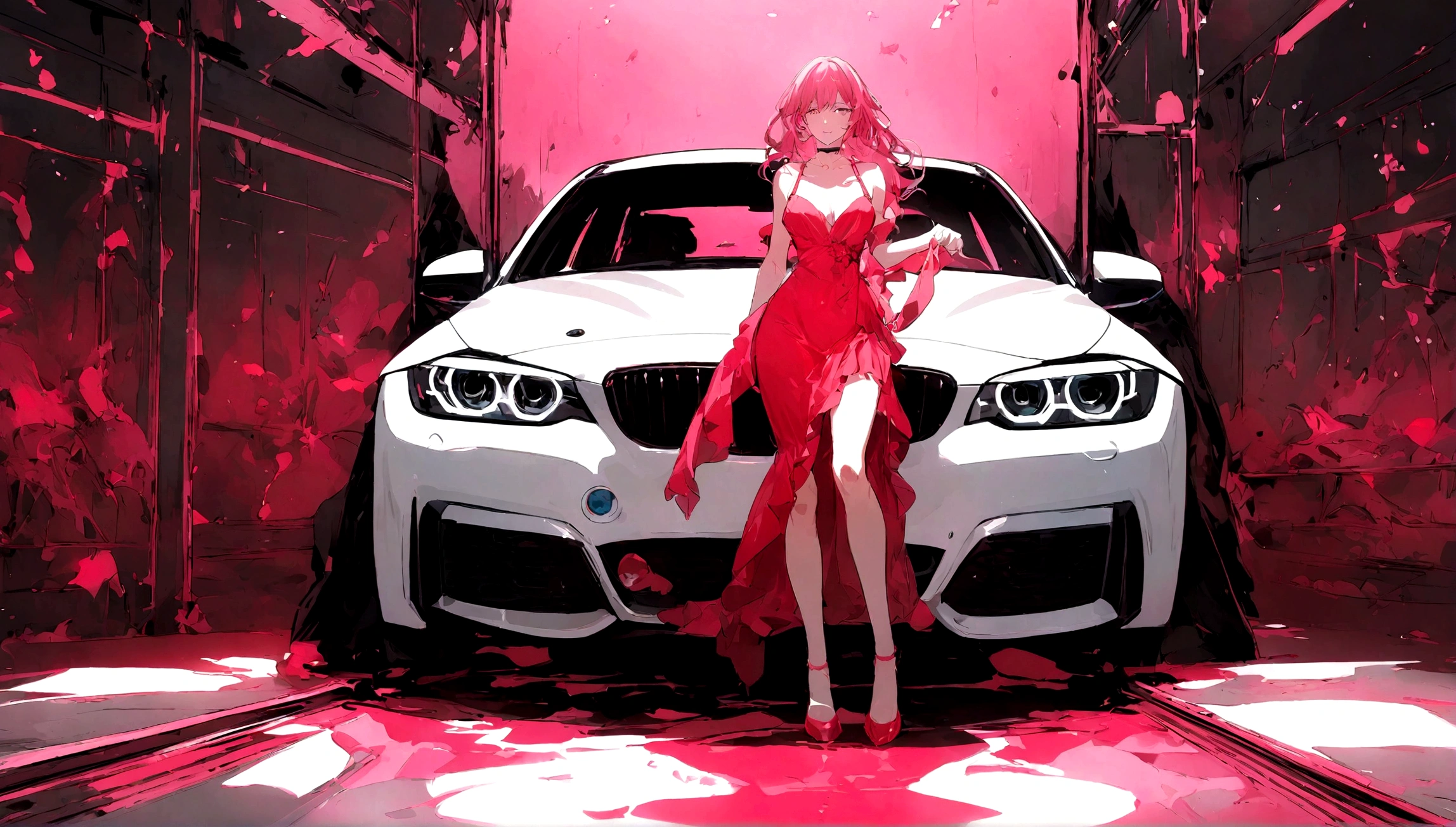 chica sexy vestida de rojo con un vestido ajustado con un auto bmw rojo de fondo.