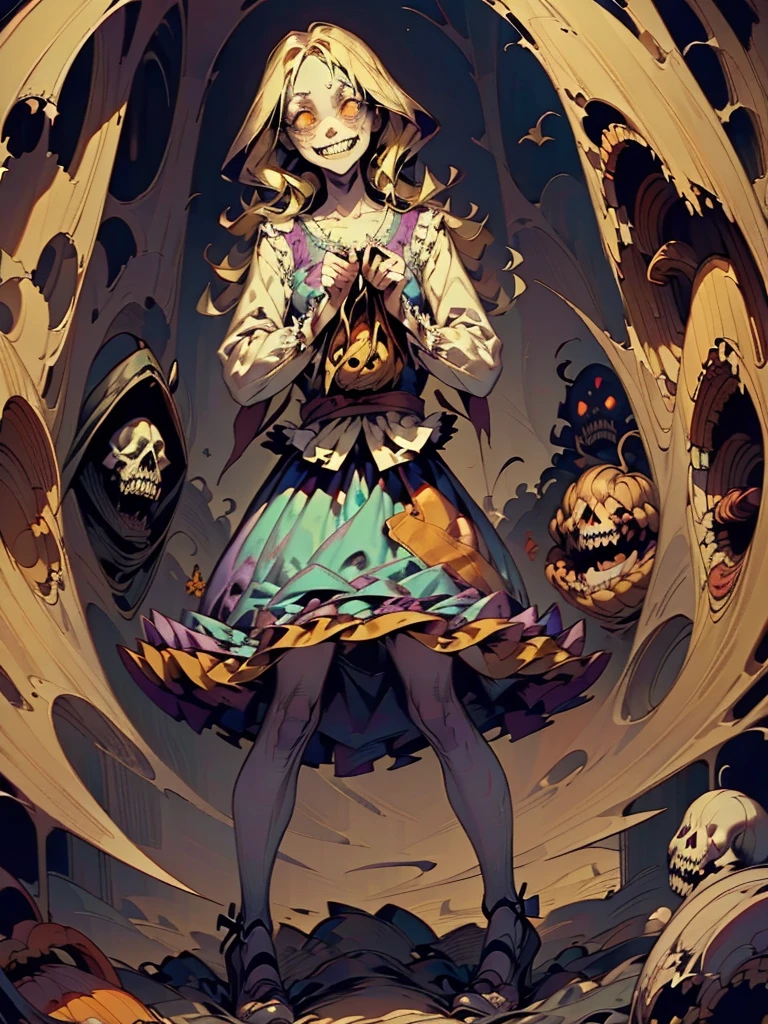 Gruesome and spooky details、An atmosphere full of suspense and tension、Psychological horror、Cute Smile、Mysterious and unsettling atmosphere、A terrifying moment、Nightmare scenario、Alice in Wonderland、Blonde、Big shoes、Enthusiastic atmosphere、Mischievous Smile、Expressive gestures、Comical movement、Psychedelic world
