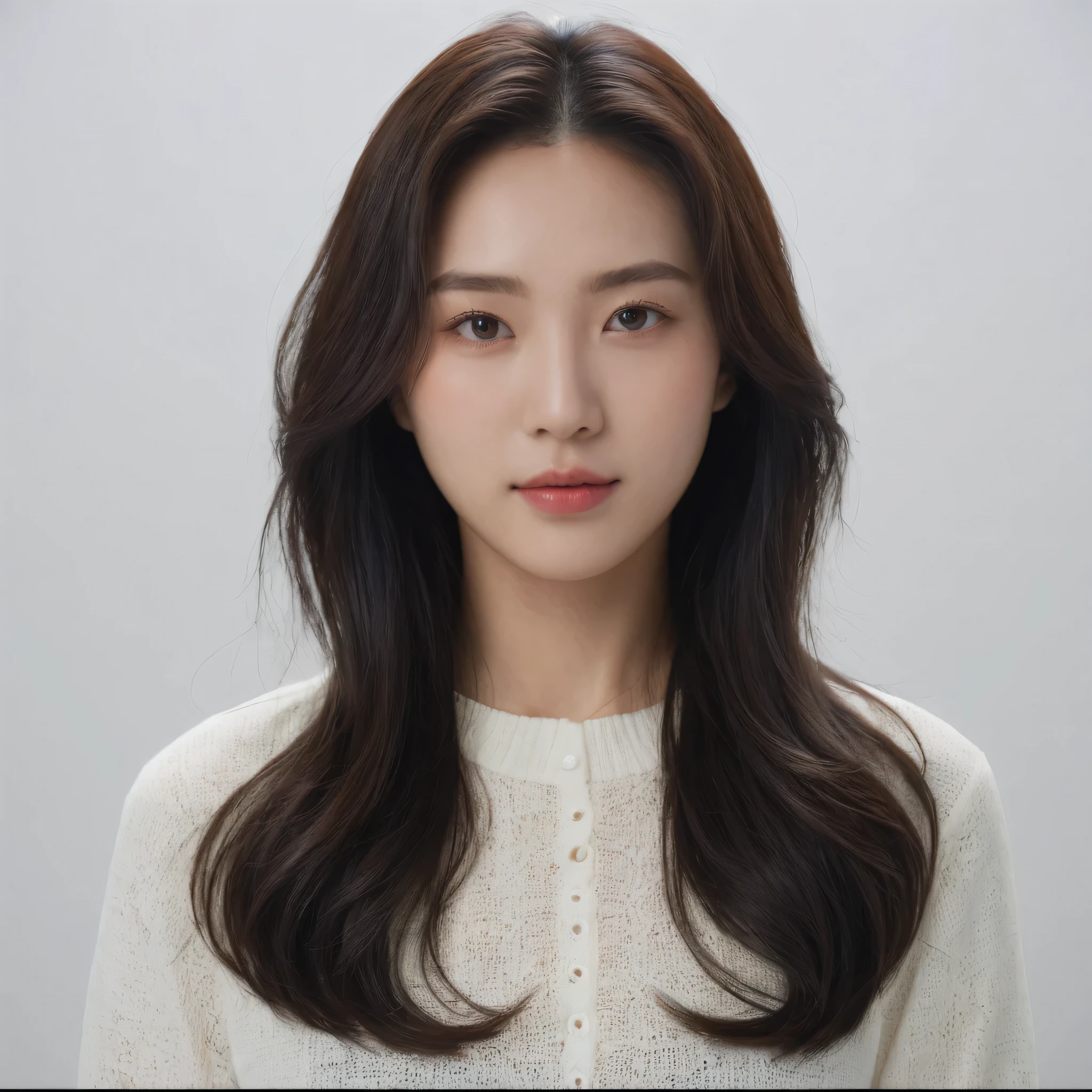 Best Quality, 8k, Masterpiece, (Portrait: 1.3), (photo realistic:1.4), (hyper realistic:1.4), Sharp Focus, looking at viewer, (smoother lighting:1.1), (increase cinematic lighting quality:0.9), realistic lighting, backlighting, light on face, ray trace, (brightening light:1.2), (Increase quality:1.4), sharp detail, (best quality real texture skin:1.4), finely detailed eyes, black_eyes, finely detailed face, 25 year old Korean woman, (white formal_shirt:1.4), (Create an image maintaining the original base model hairstyle:1.5)