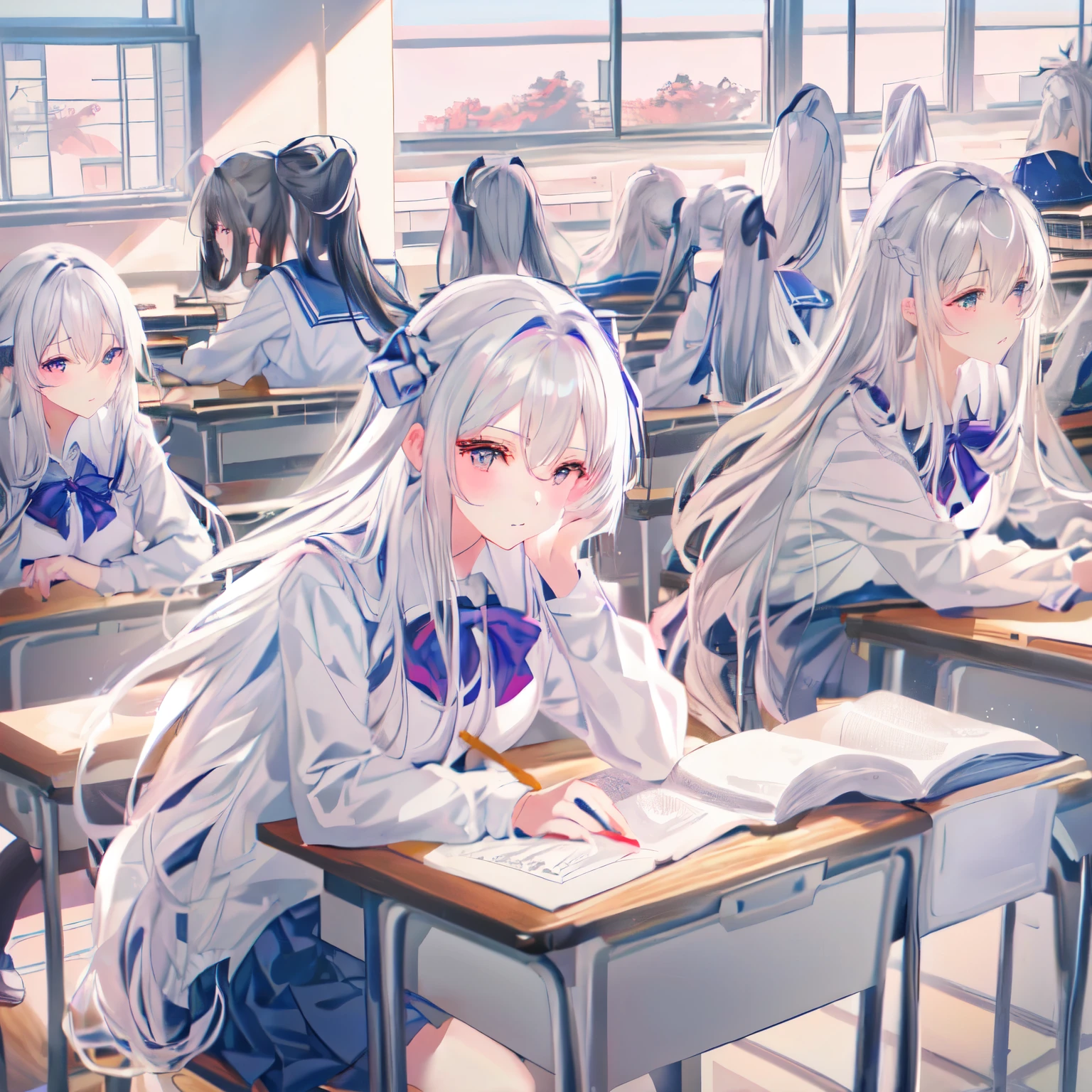 anime anime girls sitting at desks In the classroom with their backs to the wall, Beautiful anime school girl, A typical anime class, In the classroom, Gray-haired, One girl has white hair, perfect Gray-haired girl, Anime Art Wallpapers 8K, Gray-haired少女, Long Hair Anime Girl, Best Anime 4K Konachan Wallpaper